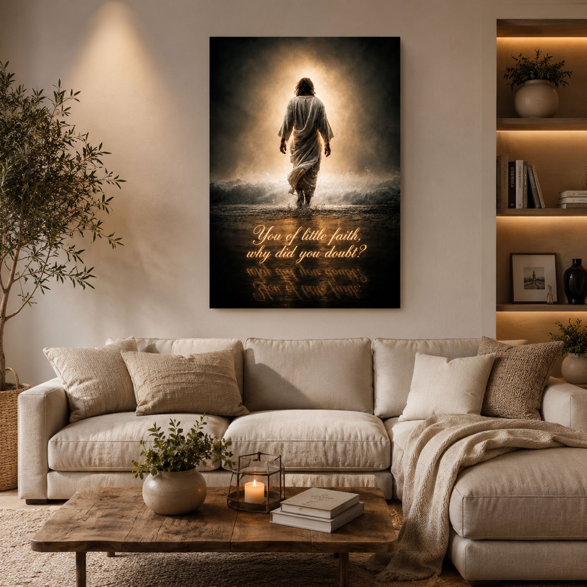 You of Little Faith Canvas Print, Jesus Walking on Water Christian Wall Art, Inspirational Bible Verse Faith Decor
