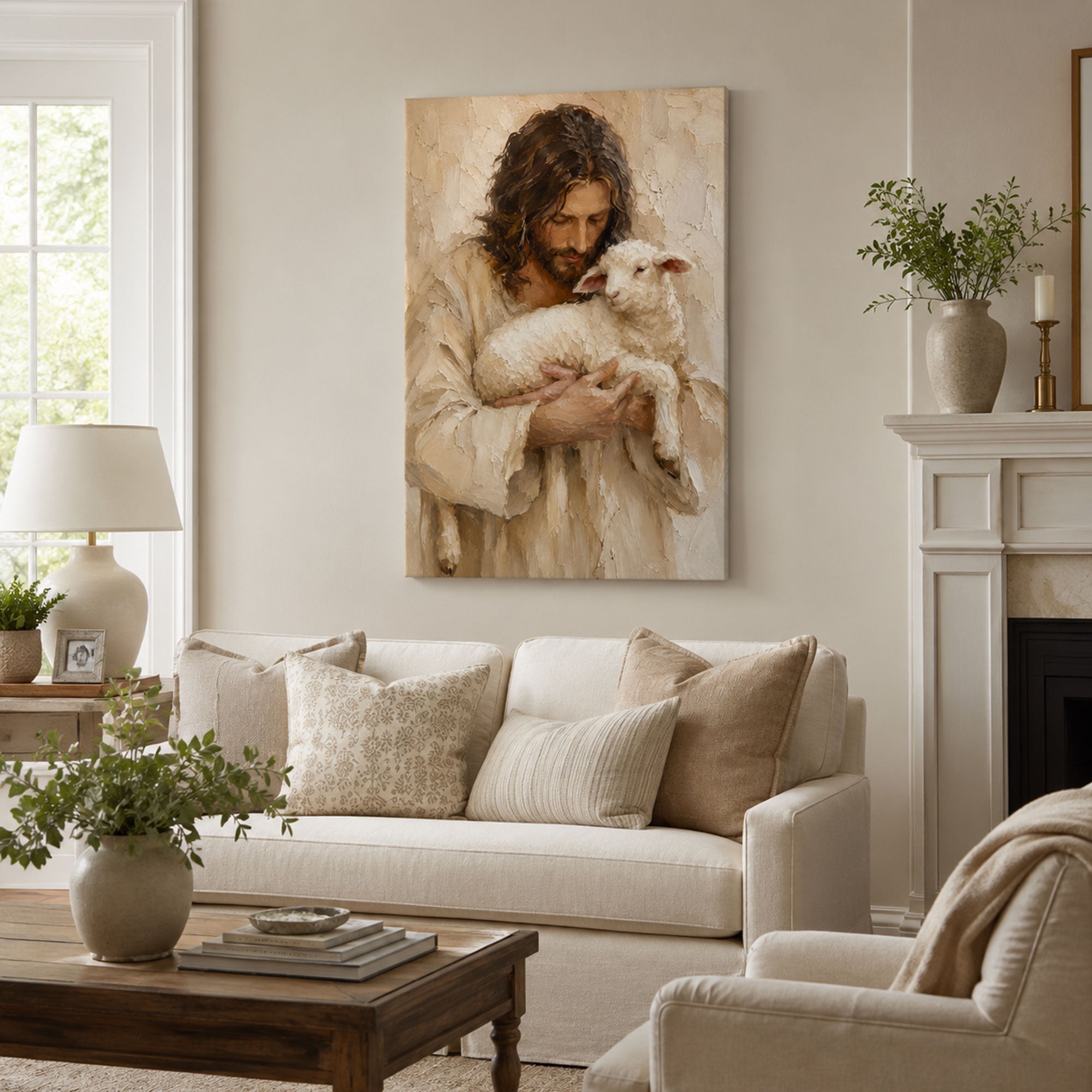 Jesus the Good Shepherd Holding a Lamb Canvas Print, Christian Home Decor