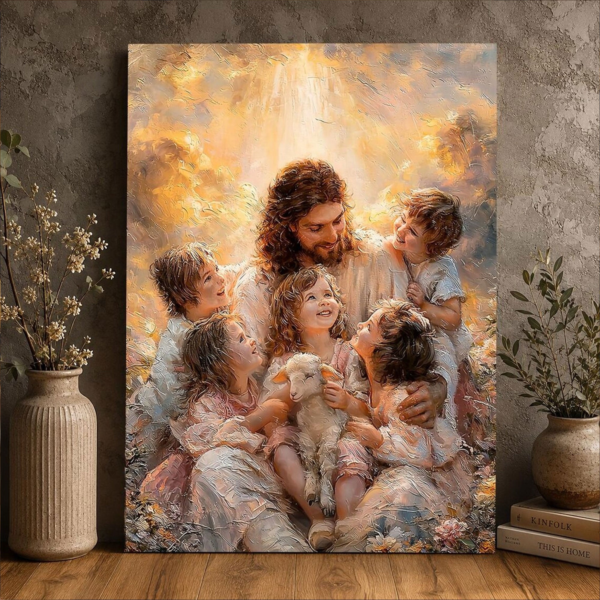 Jesus with Children Canvas Wall Art Christian Faith Nursery Decor Inspirational Family Home Artwork