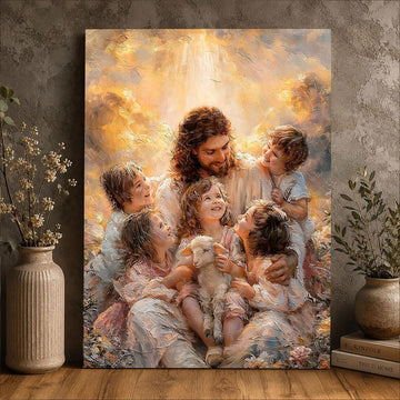 Jesus with Children Canvas Wall Art Christian Faith Nursery Decor Inspirational Family Home Artwork