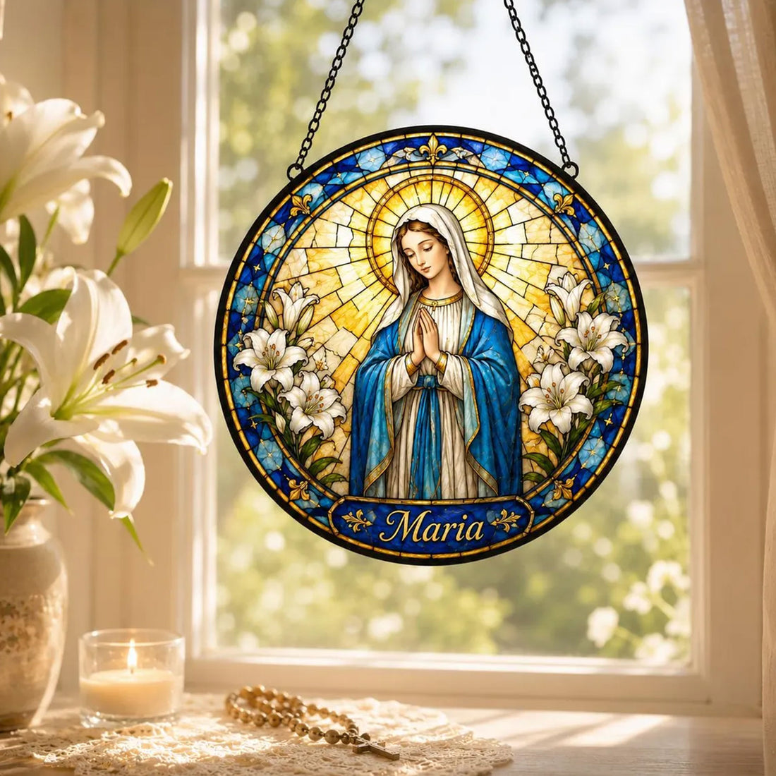 Virgin Mary with White Lilies Suncatcher, Catholic Window Hanging, Religious Gift for Women