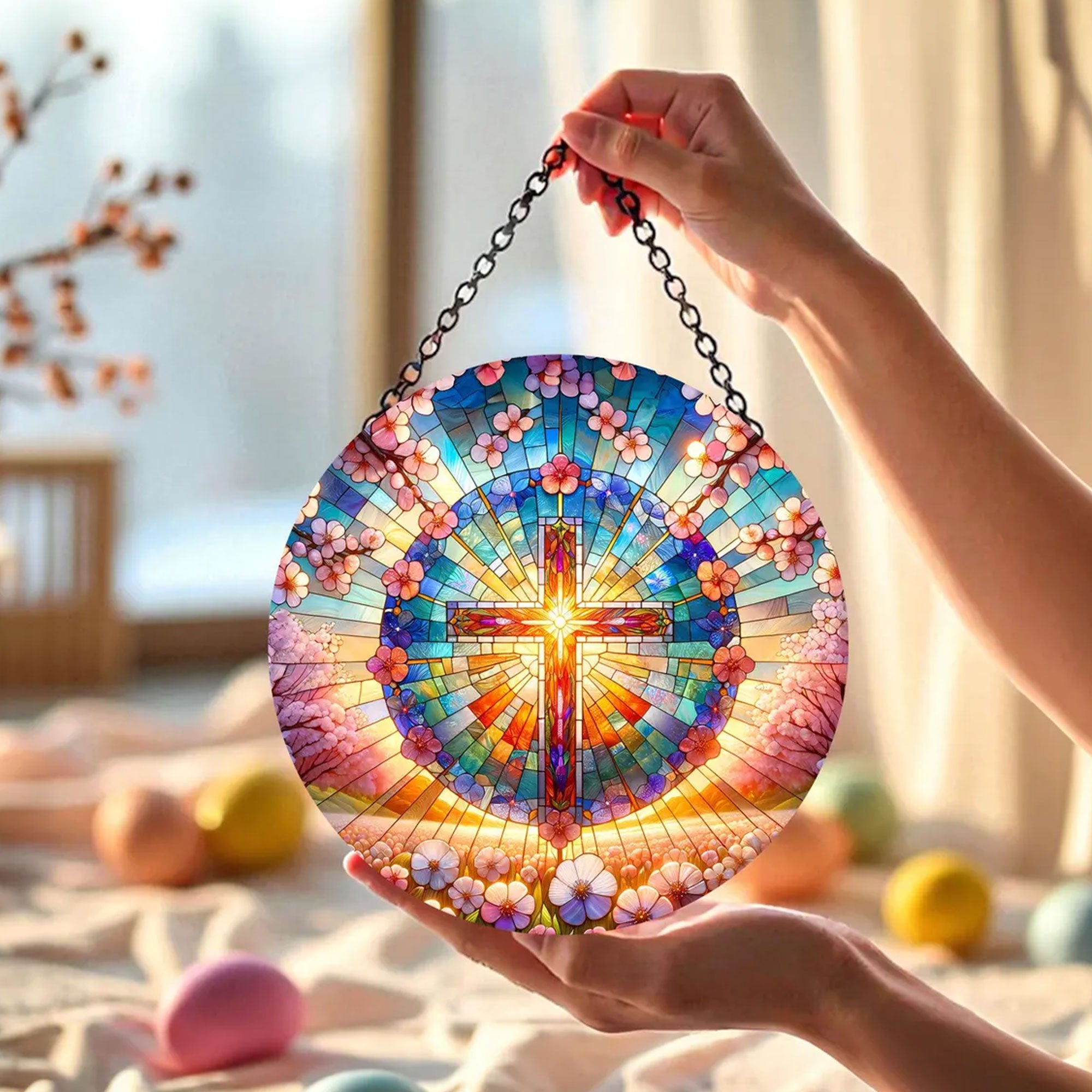 Cross Themed Suncatcher, Stained Glass Cross Window Hanging, Christian Home Decor Gift