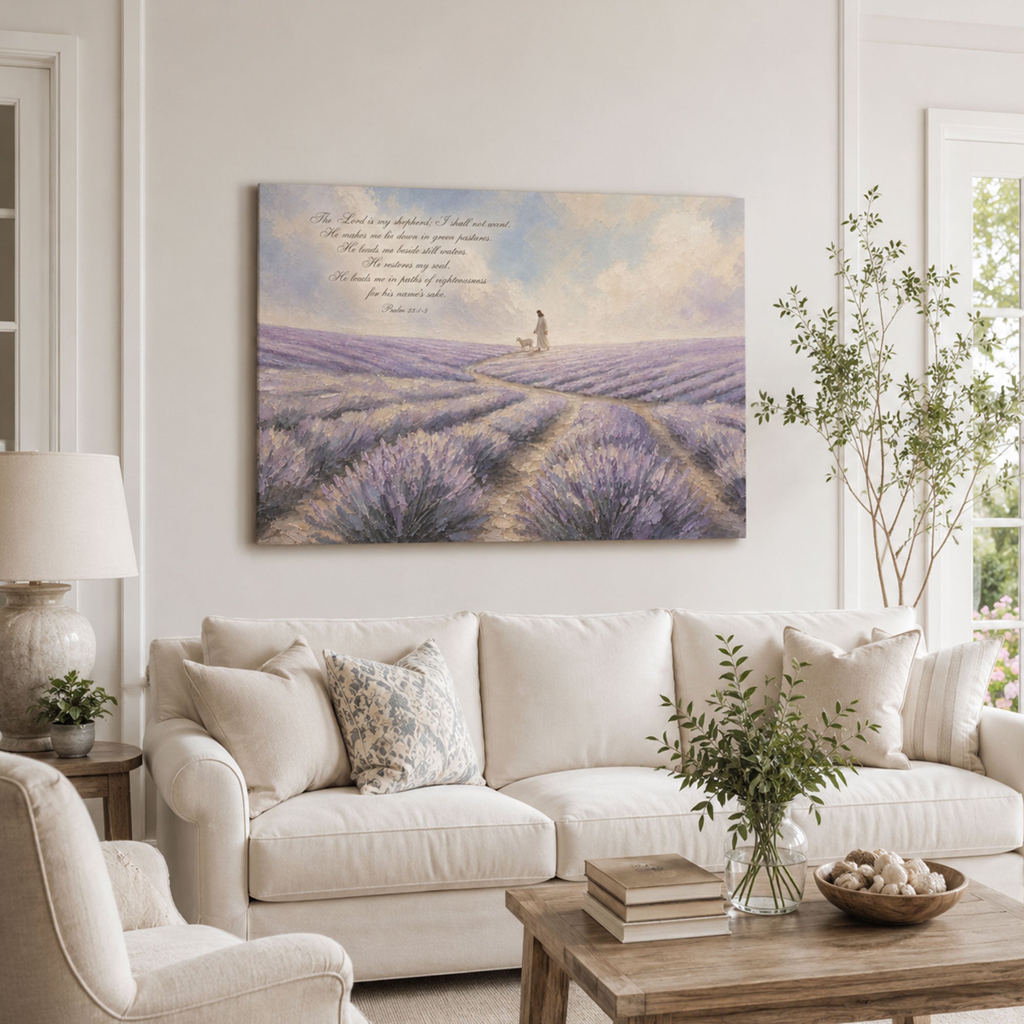 Psalm 23:1-3 Good Shepherd in Lavender Field Canvas Print, Christian Home Decor
