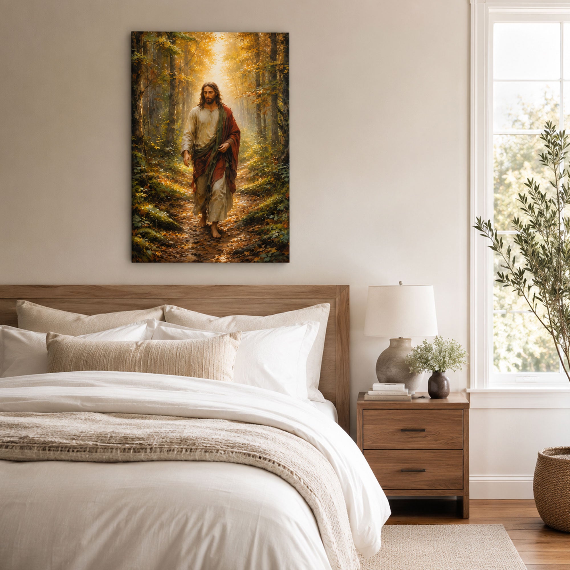Jesus Walking the Autumn Path Canvas Print, Golden Forest Christian Decor