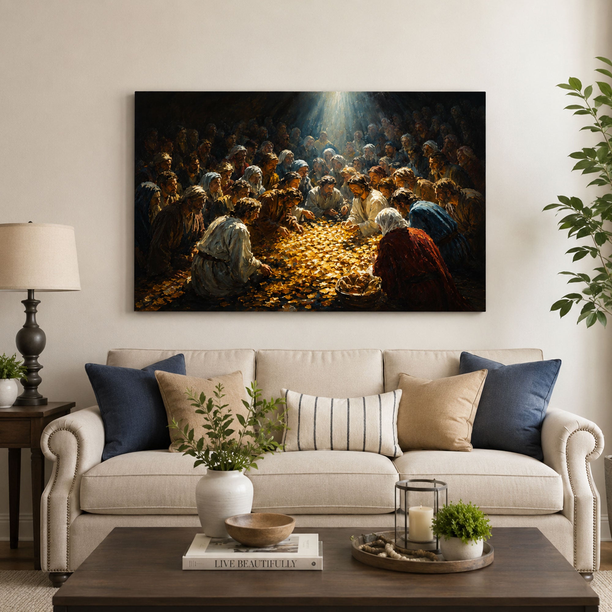 Jesus Feeding the Multitude Canvas Print, Miracle of Loaves and Fishes Christian Wall Decor, Faith Gift