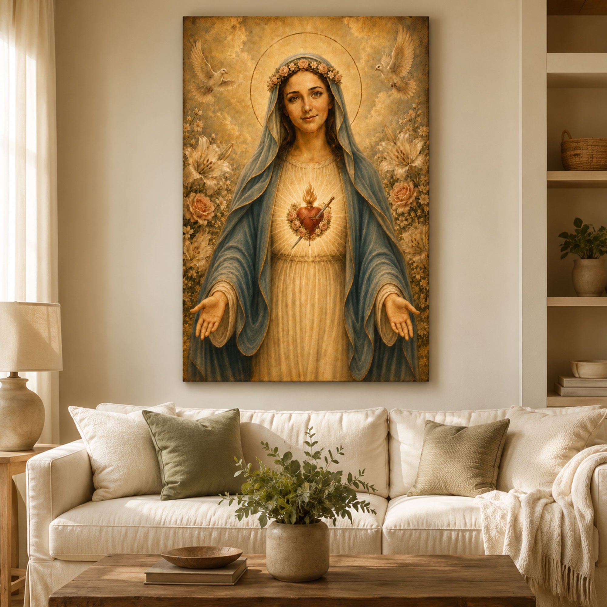 Immaculate Heart of Mary Canvas Print, Blessed Virgin Mary Catholic Wall Art, Floral Religious Home Decor Gift