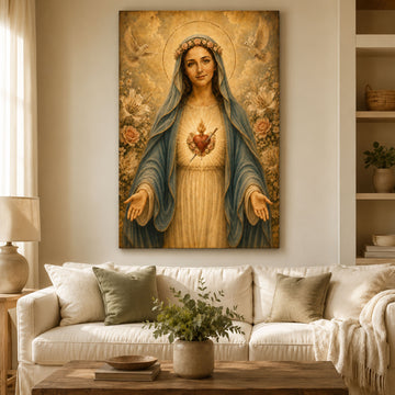 Immaculate Heart of Mary Canvas Print, Blessed Virgin Mary Catholic Wall Art, Floral Religious Home Decor Gift