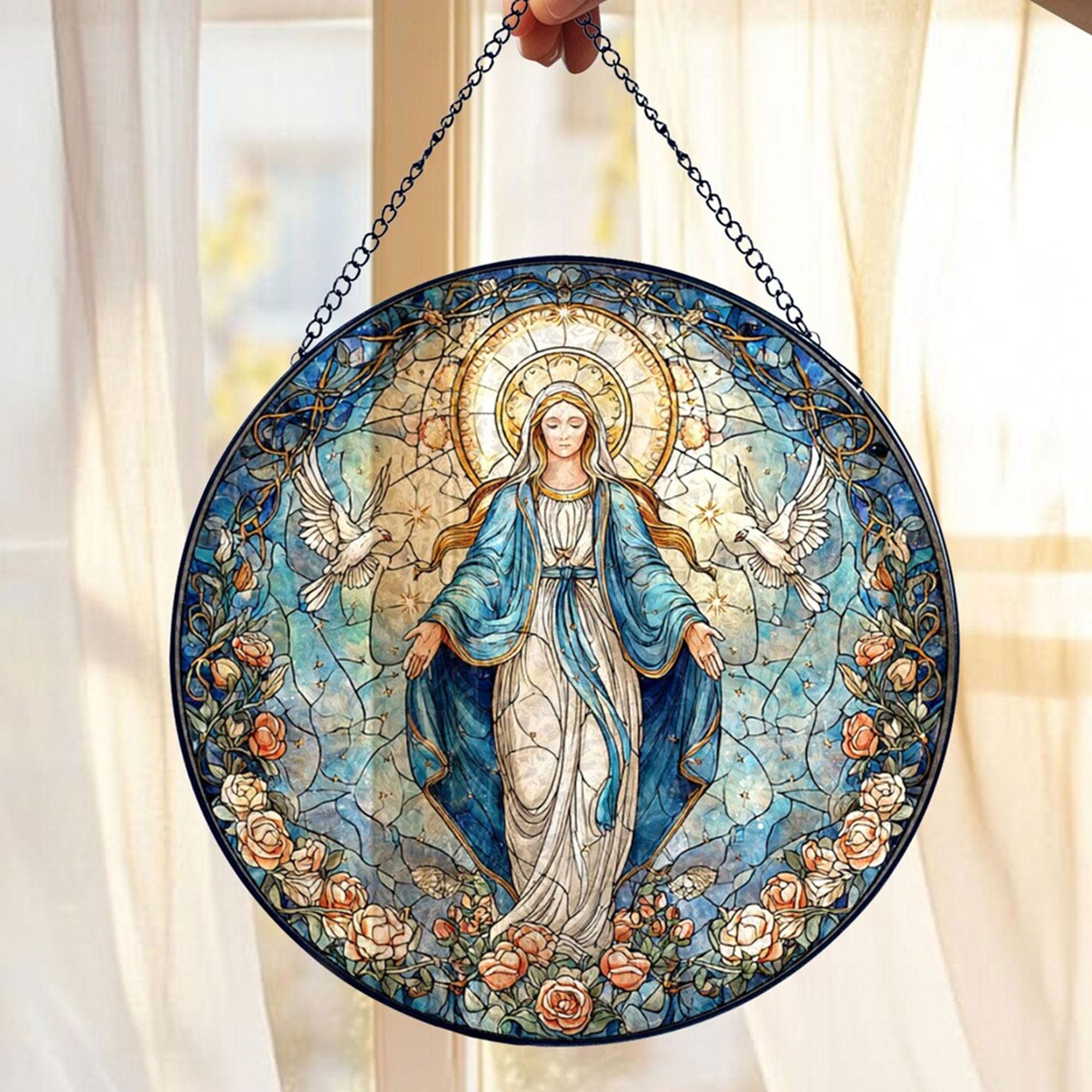 Our Lady of Grace Stained Glass Suncatcher, Virgin Mary Round Window Hanging, Catholic Blue Rose Halo Decor, Faith Gift