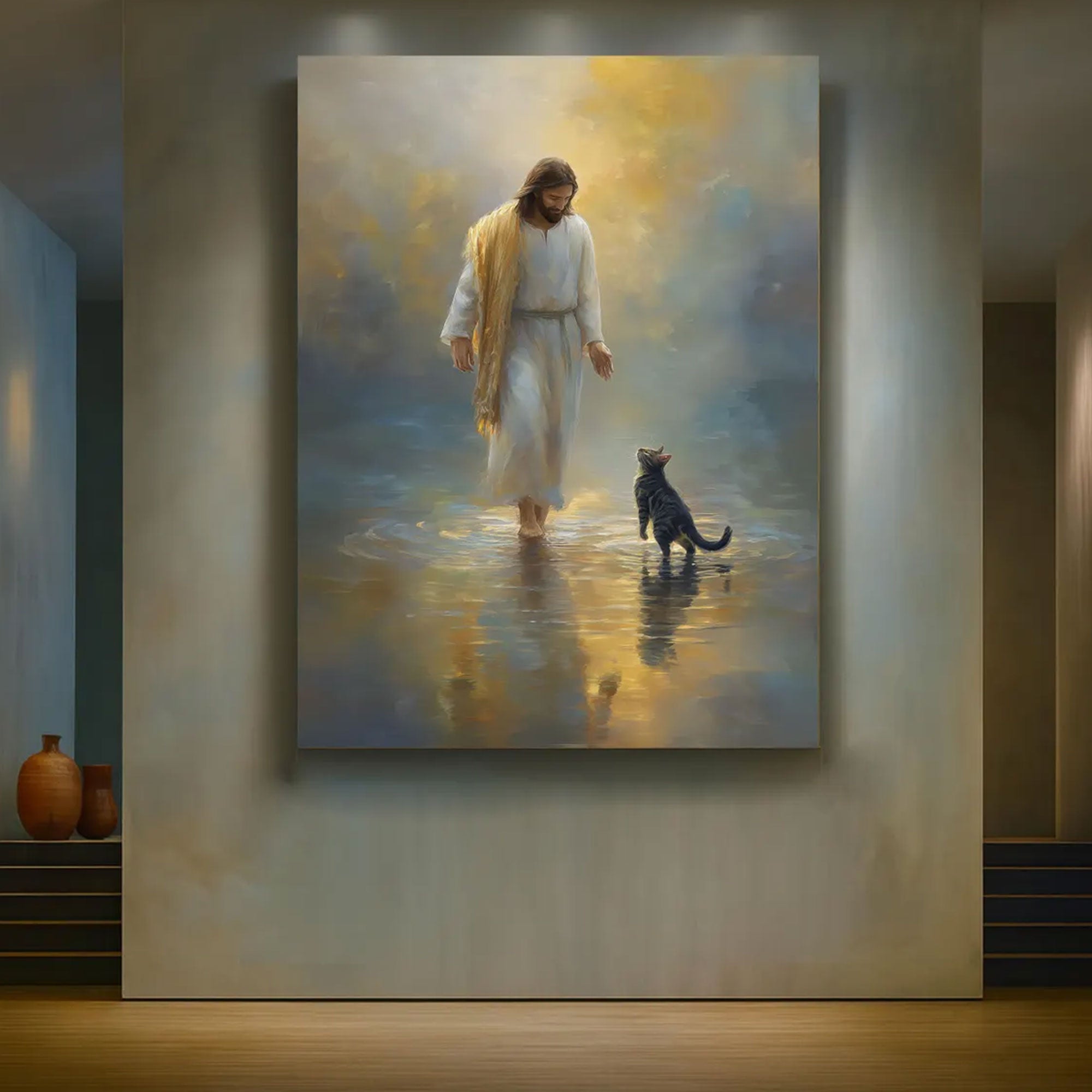 Jesus and Cat Canvas Print, Peaceful Christian Wall Art, Religious Home Decor, Gift for Cat Lovers