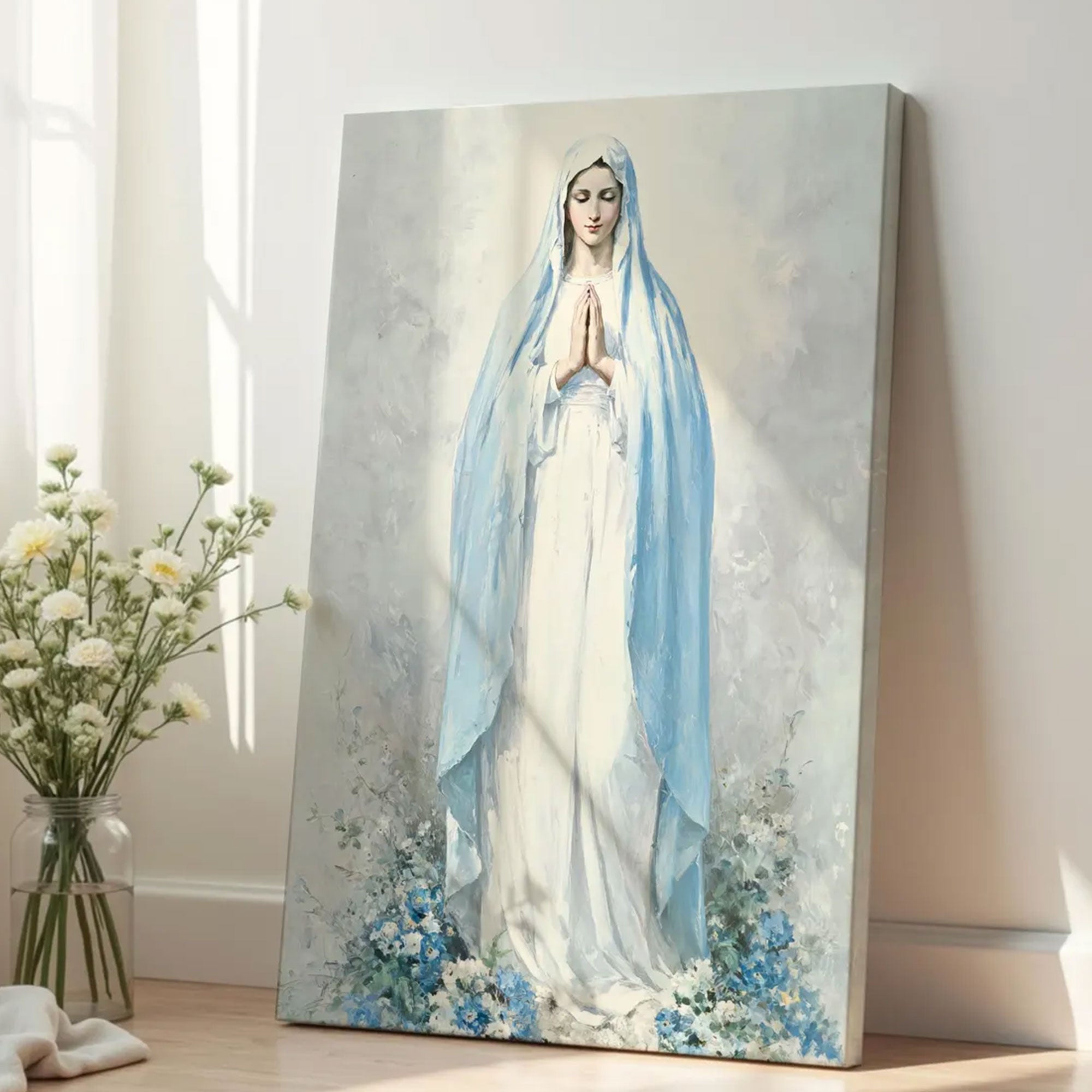 Virgin Mary Prayer Art Blue White Catholic Wall Decor, Our Lady of Lourdes Canvas Print