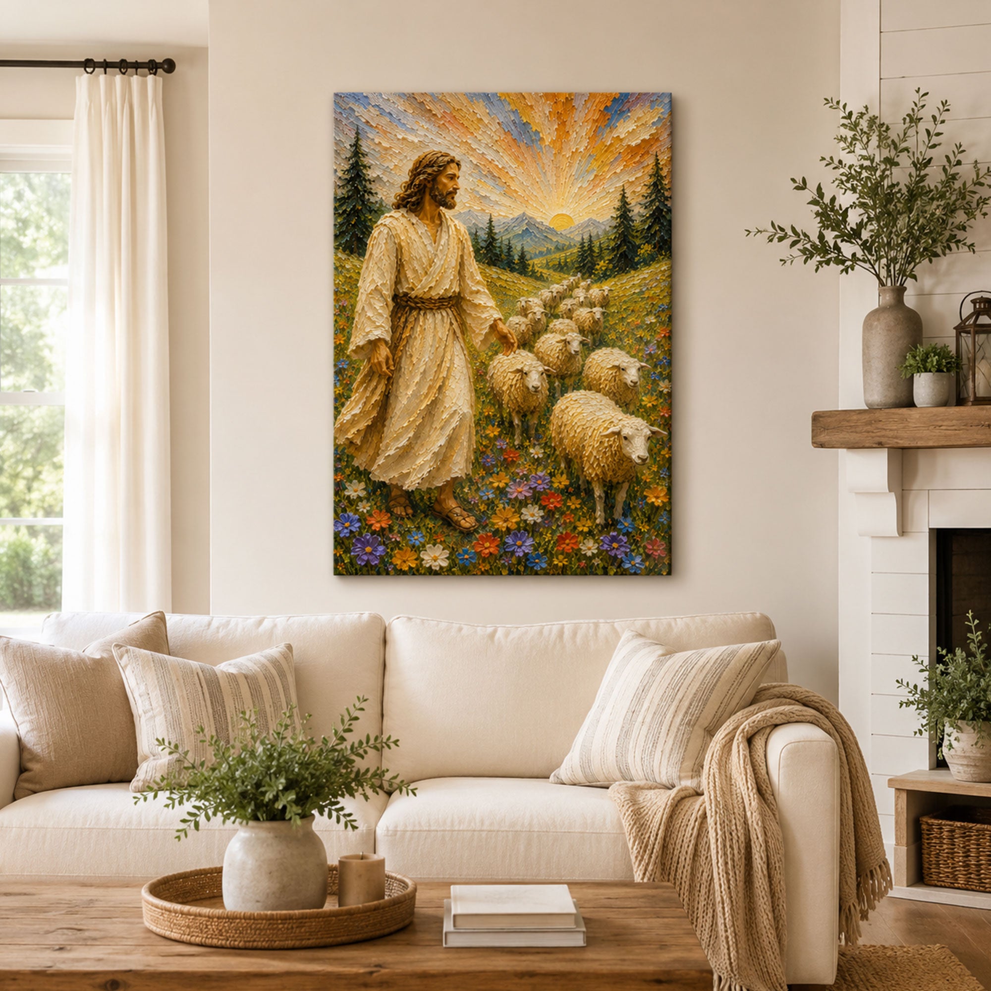 Good Shepherd Canvas Print, Jesus with Sheep Christian Wall Art, Faith Home Decor Gift