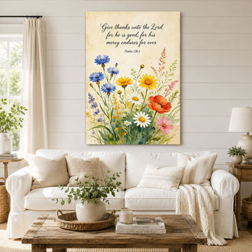Psalm 136:1 Wildflowers Christian Canvas Print, Give Thanks to the Lord Scripture Wall Art, Religious Home Decor Gift