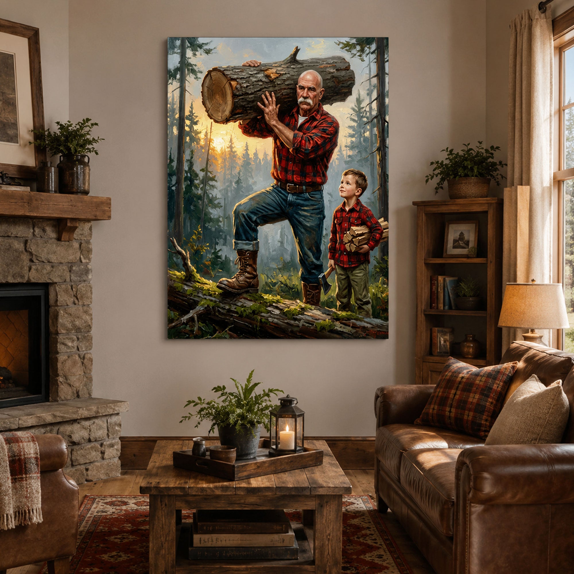 Custom Lumberjack Grandpa Canvas Print, Personalized Grandfather And Grandkids Portrait, Rustic Wall Art Gift
