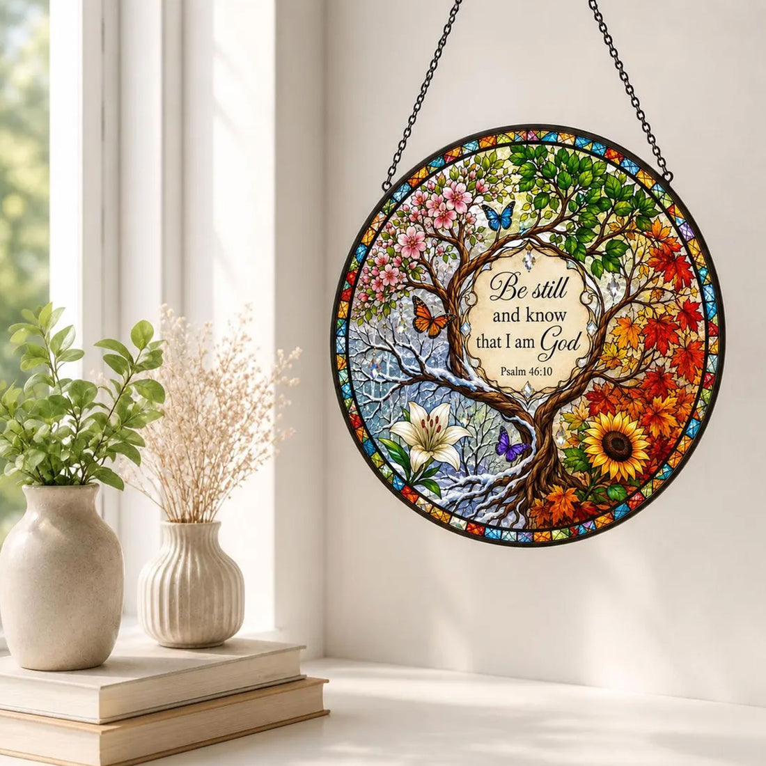 Be Still and Know That I Am God Suncatcher, Psalm 46:10 Christian Window Hanging, Four Seasons Faith Gift