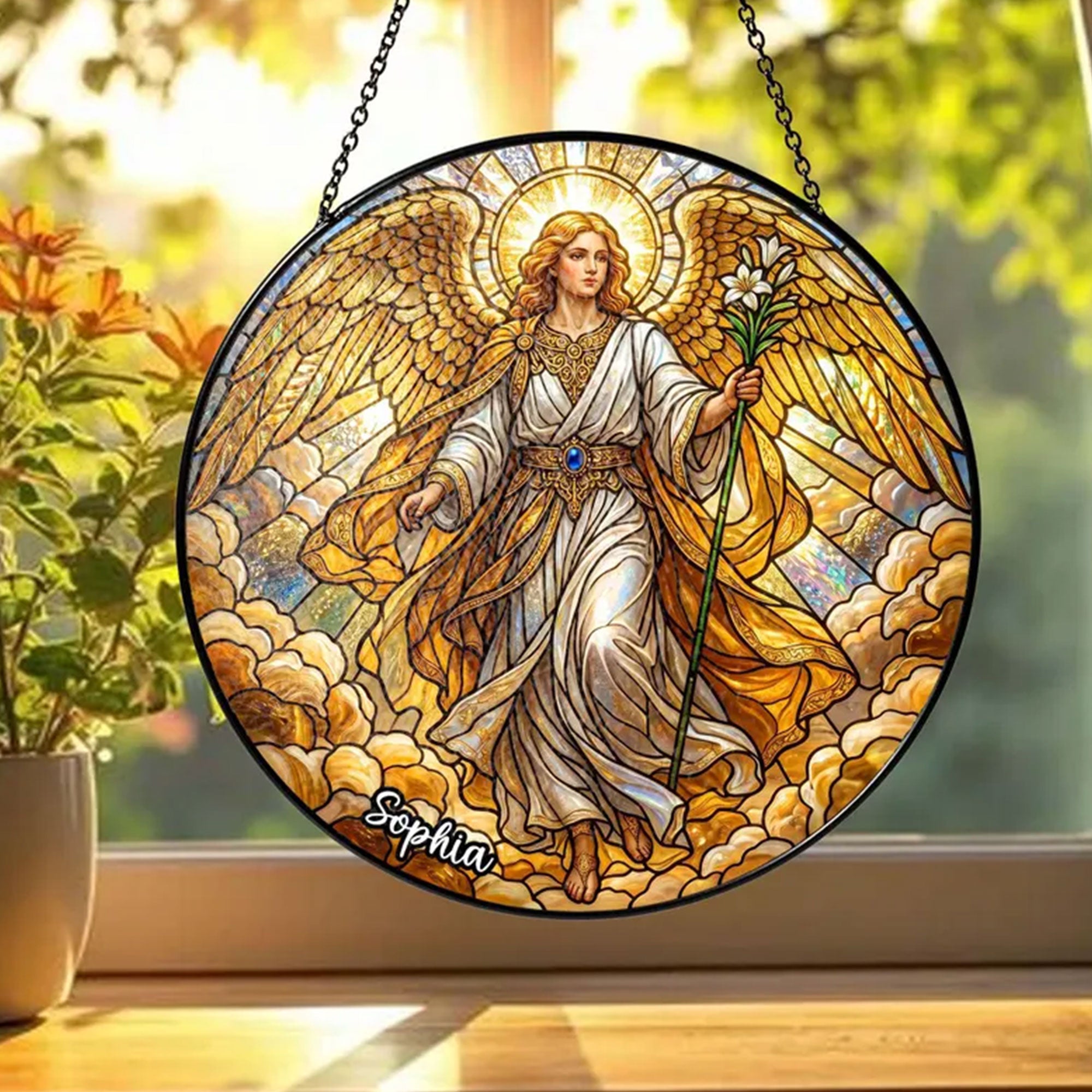 Guardian Angel Lily Suncatcher, Custom Name Angel Window Hanging Gift