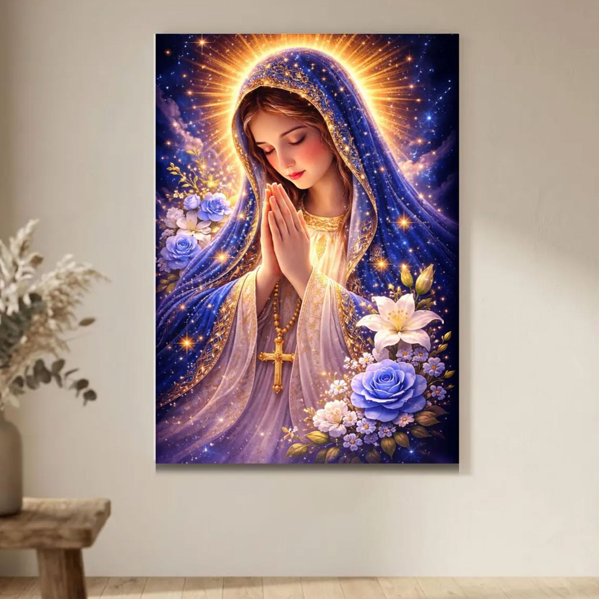 Radiant Virgin Mary Canvas Print, Celestial Christian Wall Art, Floral Catholic Faith Decor, Heavenly Madonna Artwork