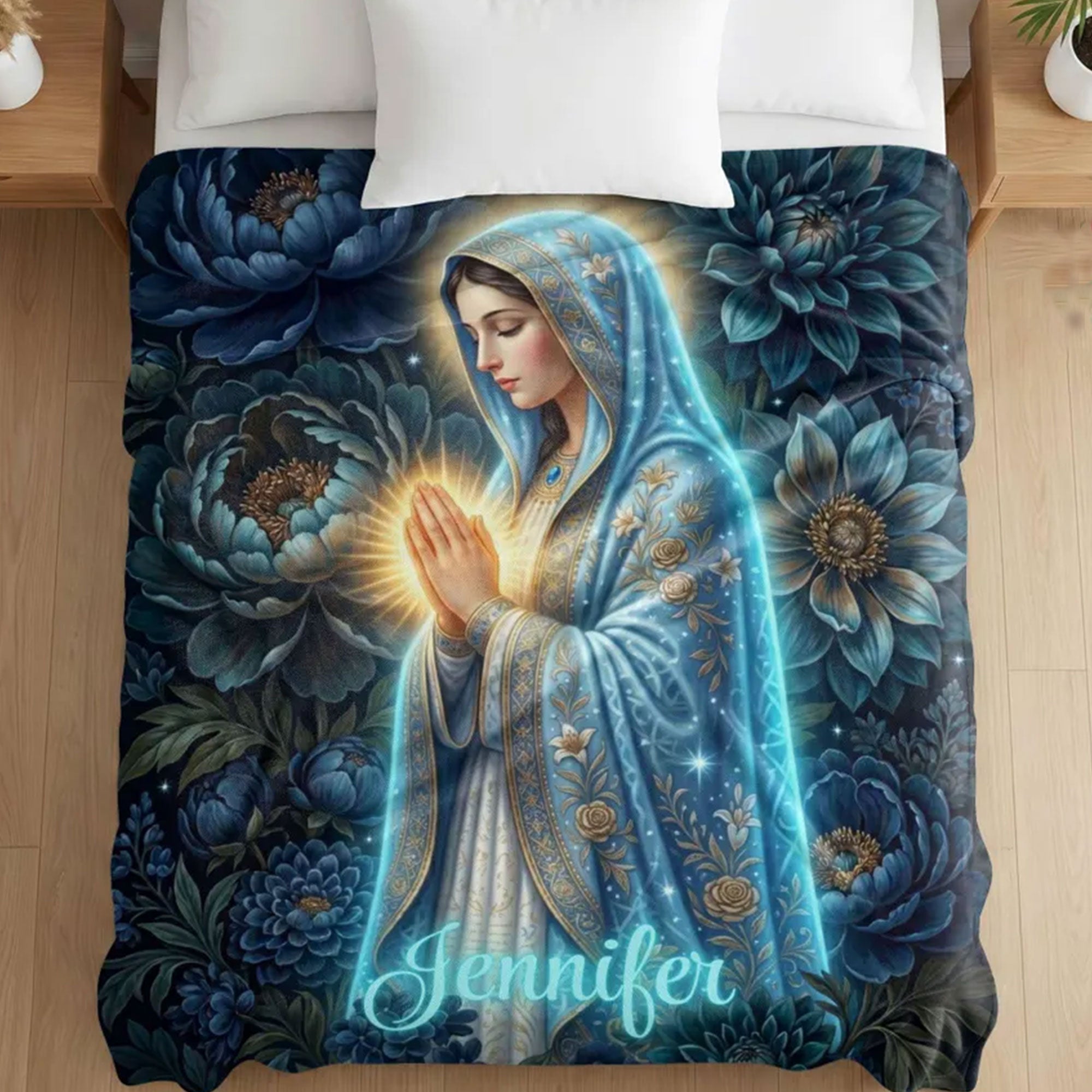 Personalized Virgin Mary Fleece Blanket, Catholic Prayer Throw, Blue Floral Christian Gift, Elegant Faith Decor for Mom or Grandma