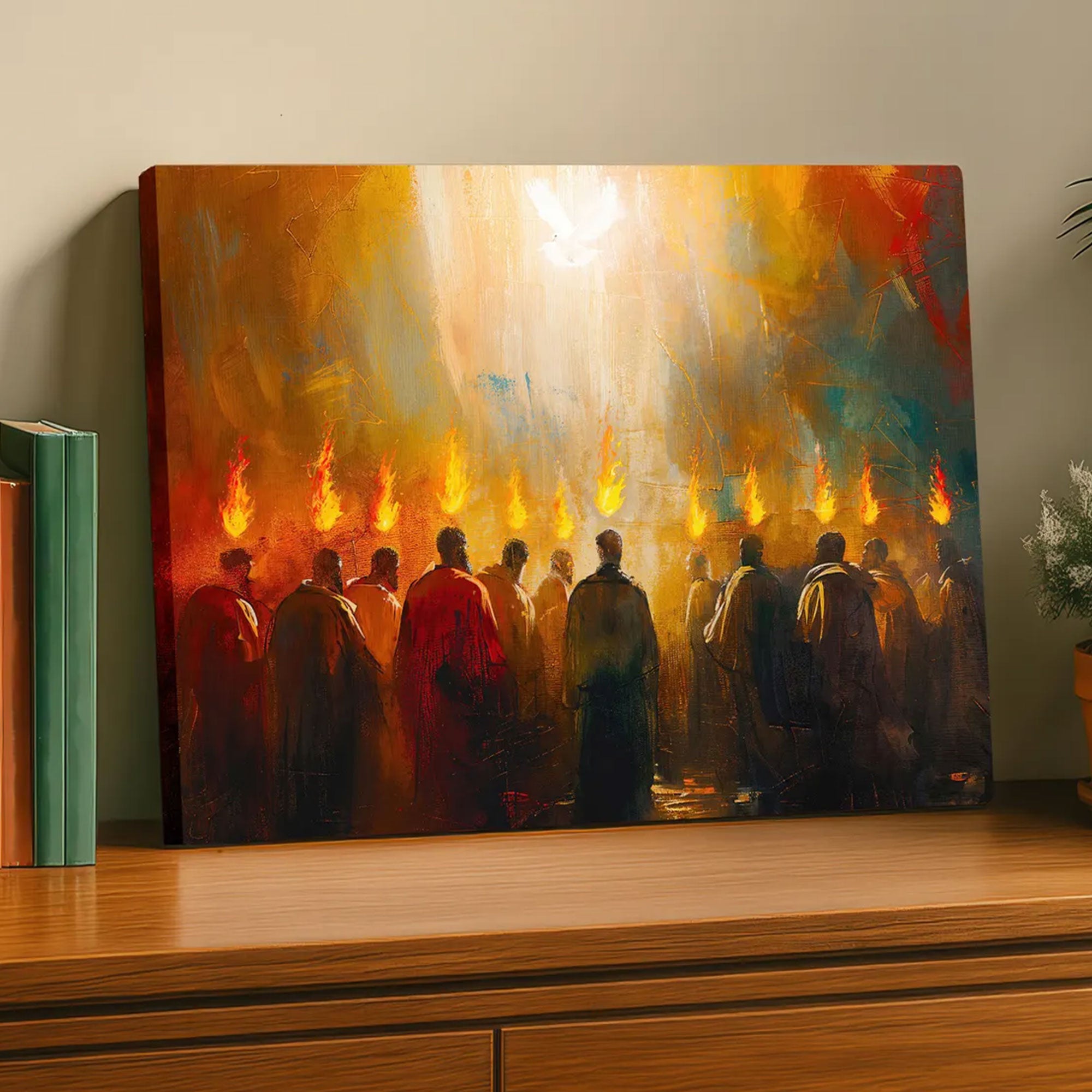 The Day of Pentecost Canvas Print, Holy Spirit Christian Wall Art, Apostles in Divine Fire, Biblical Faith Decor