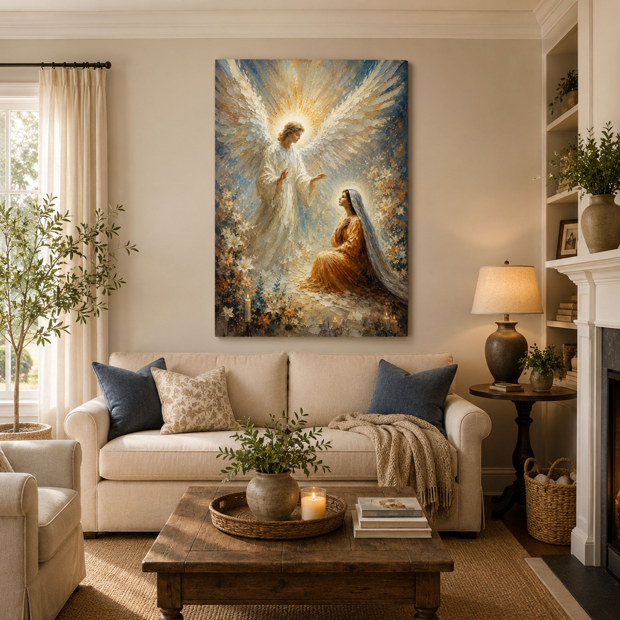 The Annunciation Canvas Print, Angel Gabriel and Virgin Mary Catholic Wall Art, Faith Home Decor Gift