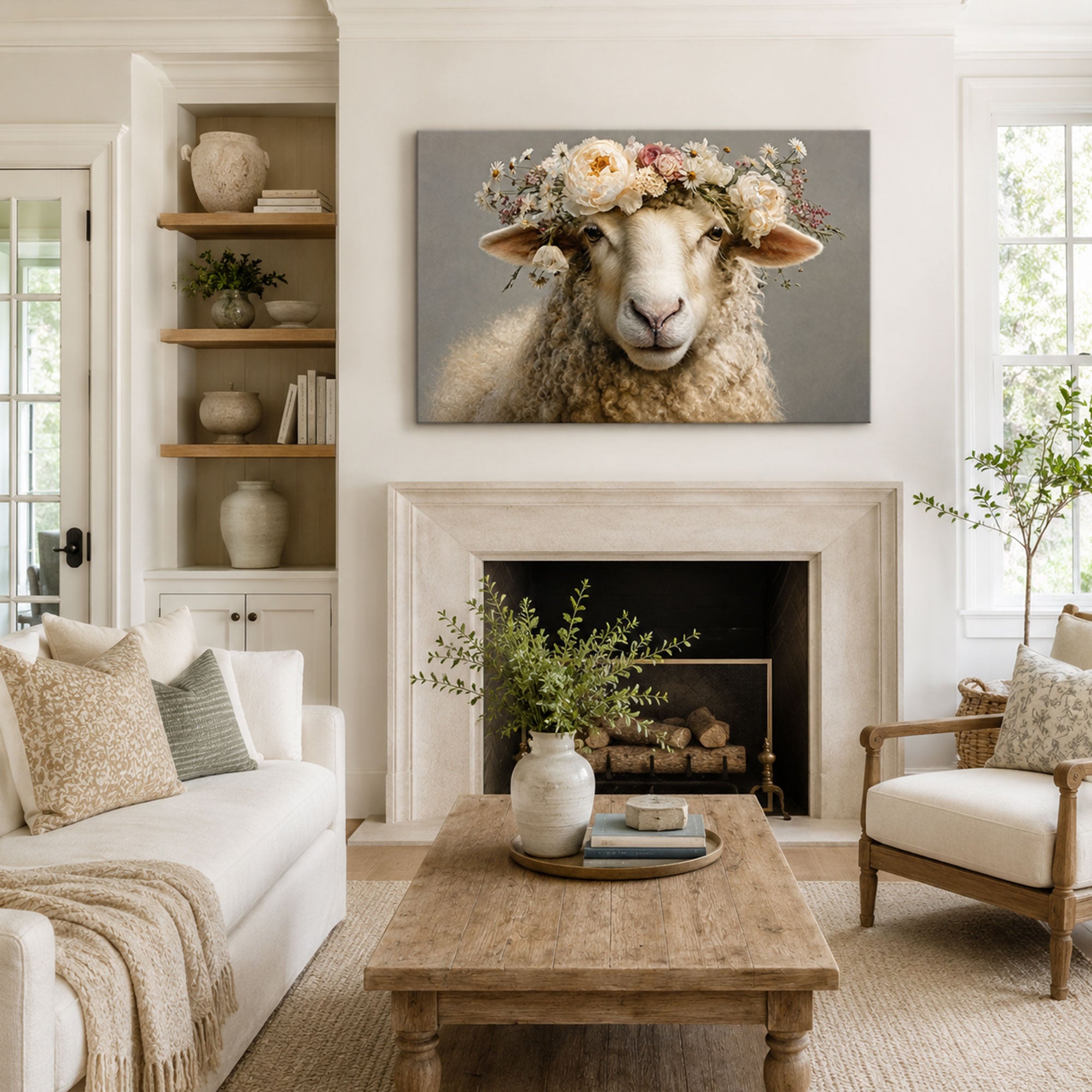 Floral Lamb Canvas Print, Gentle Christian Faith Decor