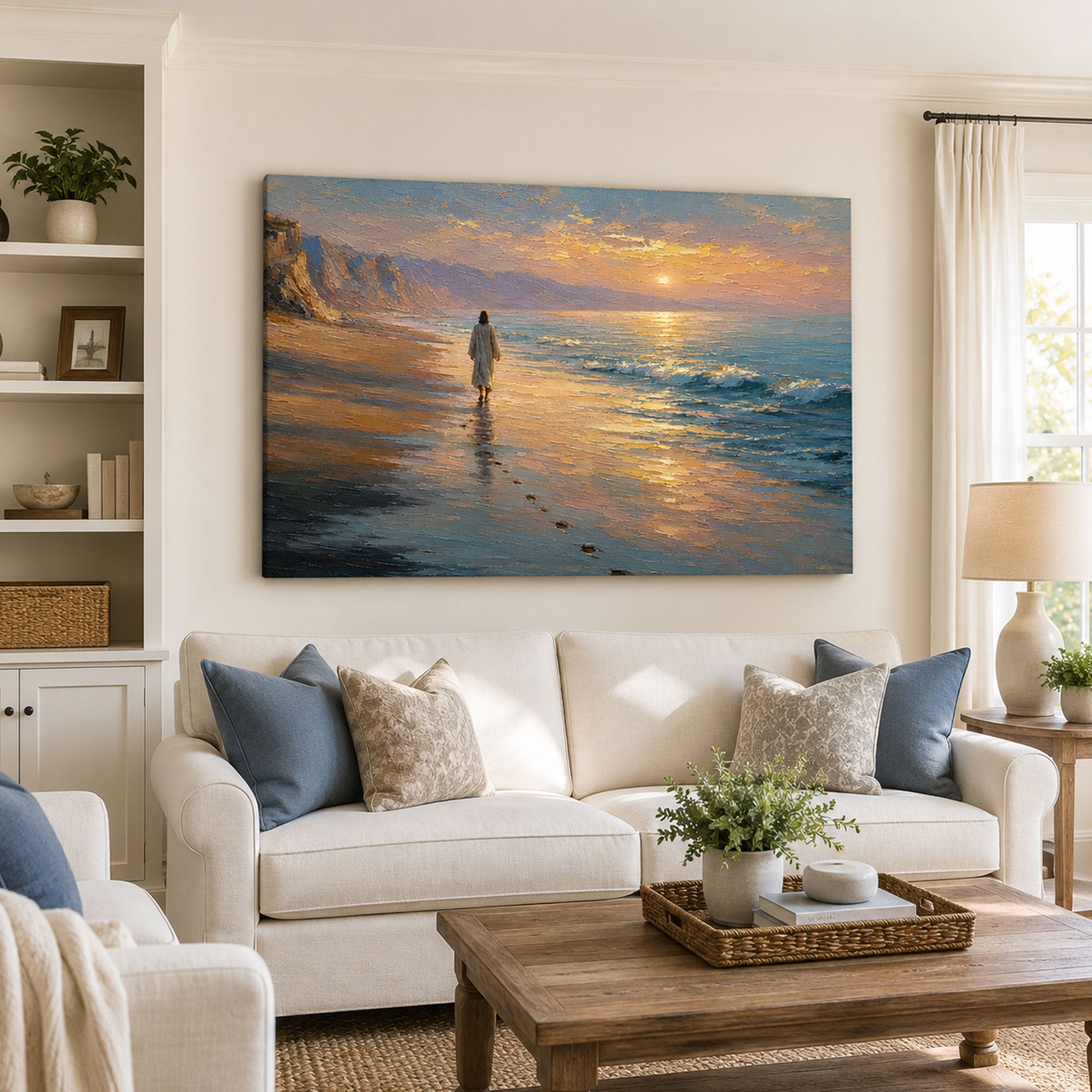Jesus Walking by the Sea Canvas Print, Peaceful Christian Home Decor