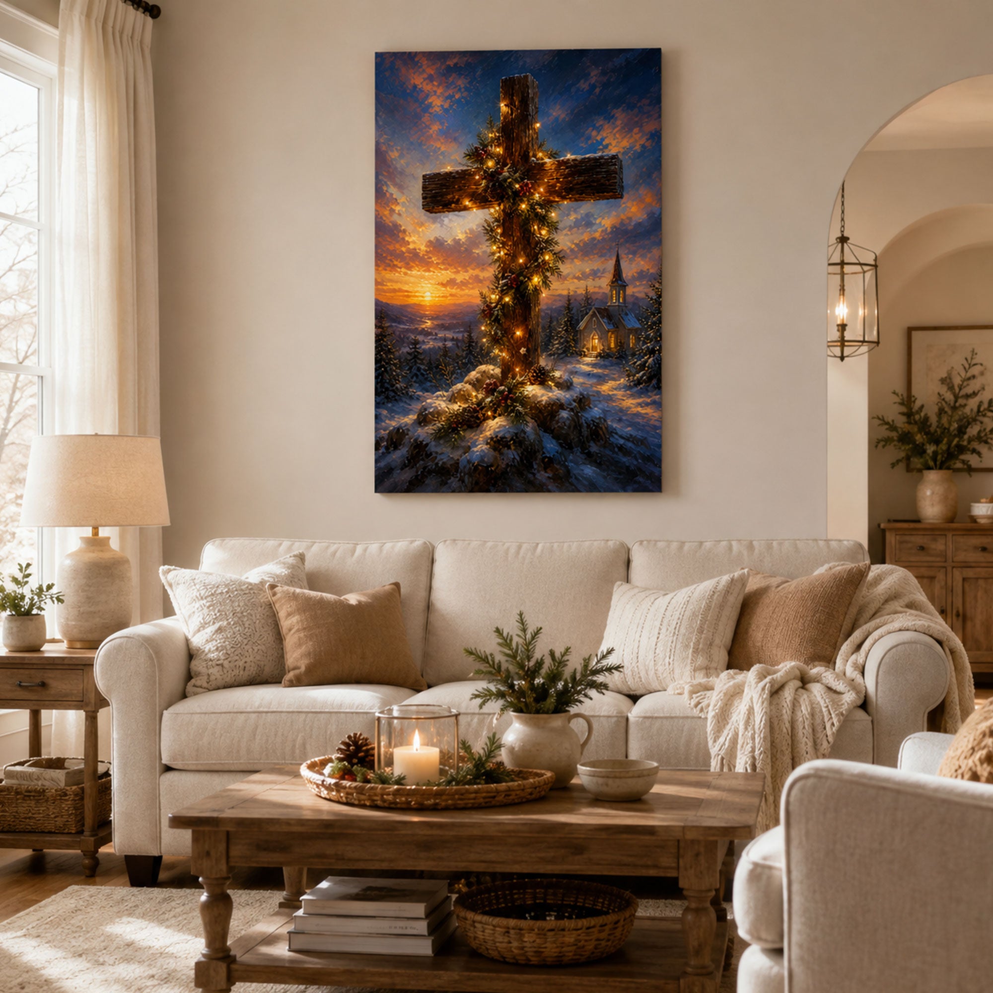 Christmas Cross Canvas Print, Light of Christ Christian Wall Decor, Religious Christmas Gift