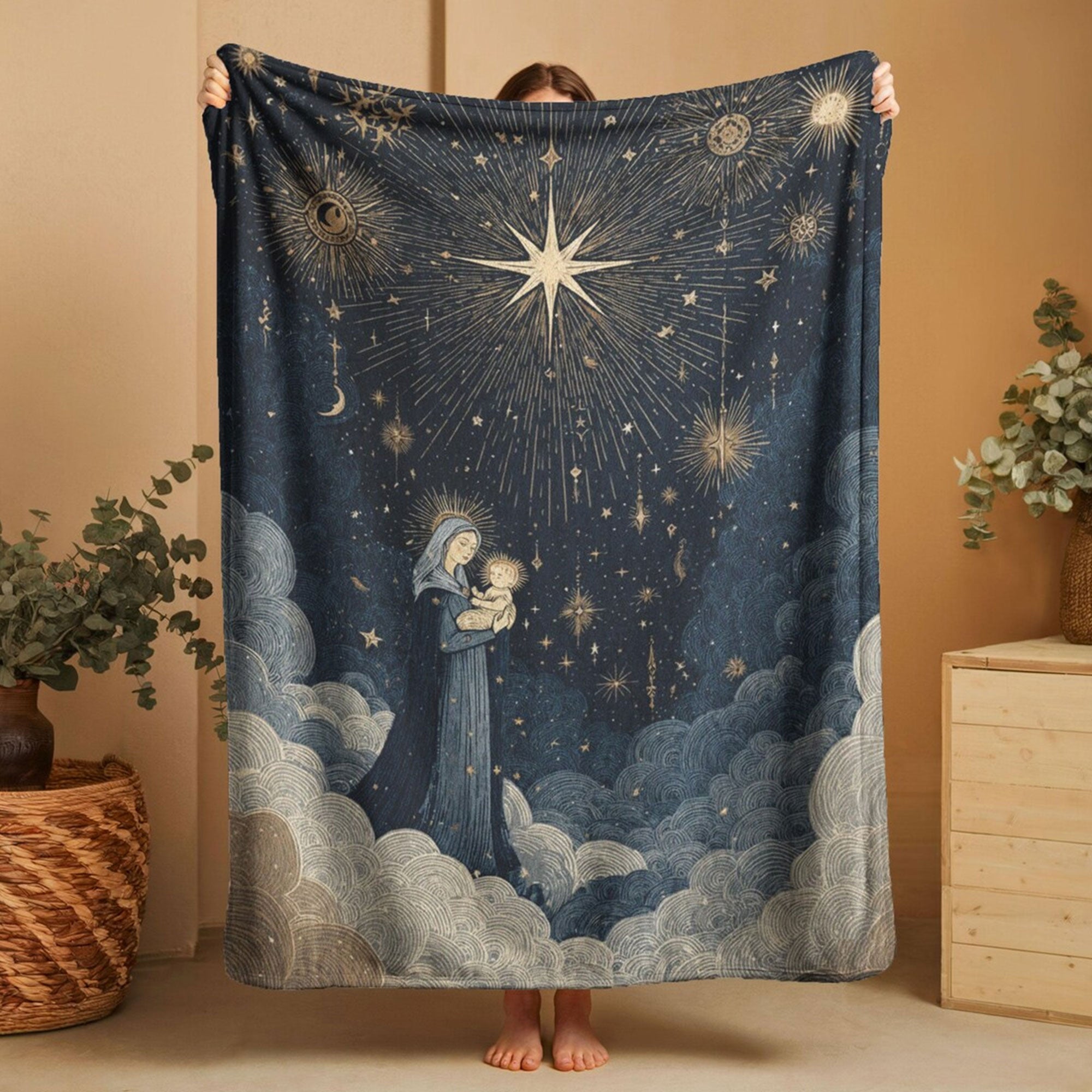 Virgin Mary and Baby Jesus Fleece Blanket, Religious Christian Art Throw, Celestial Star Design, Faith Gift, Catholic Home Decor