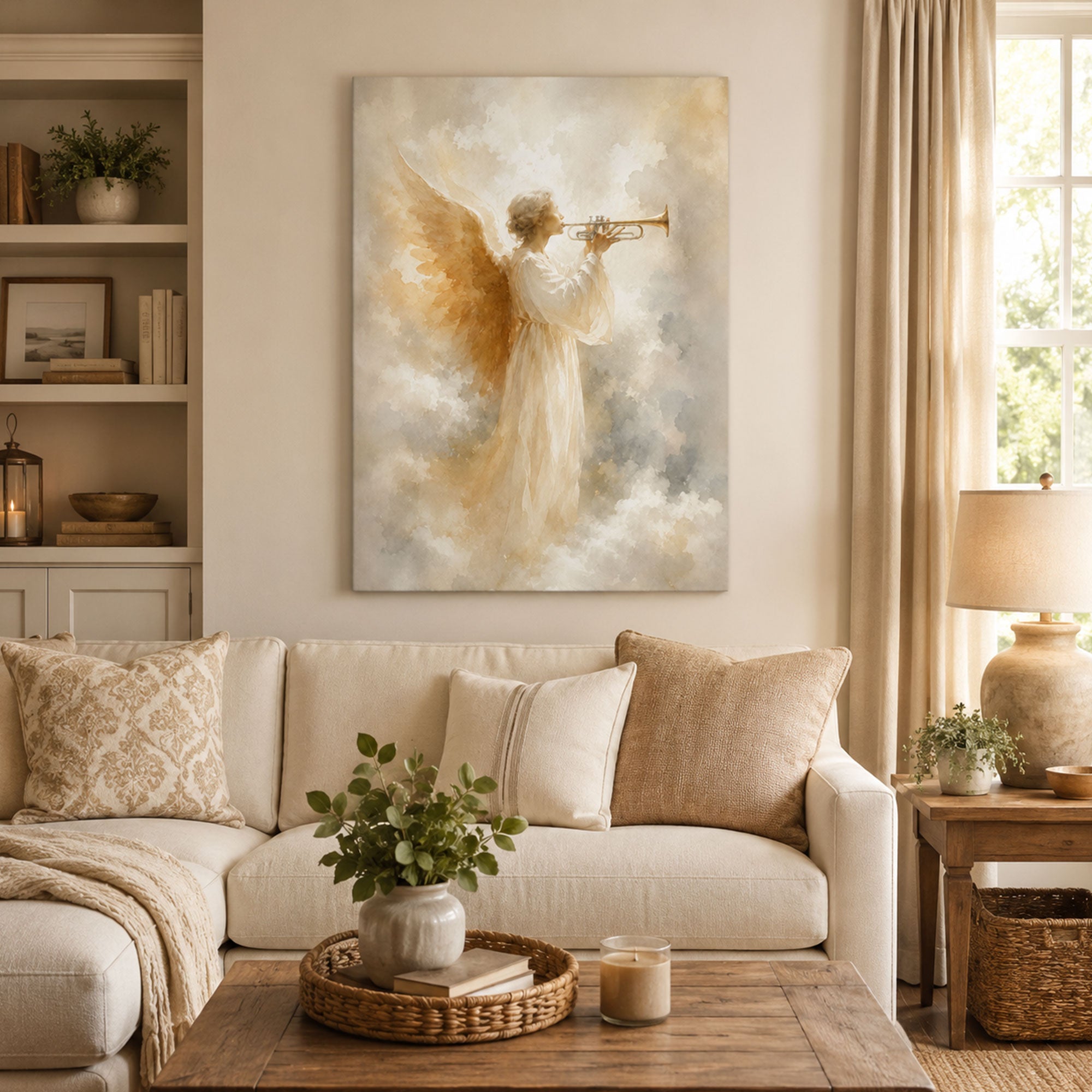 Trumpet Angel Canvas Print, Soft Watercolor Christian Angel Wall Art, Heavenly Faith Home Decor Gift