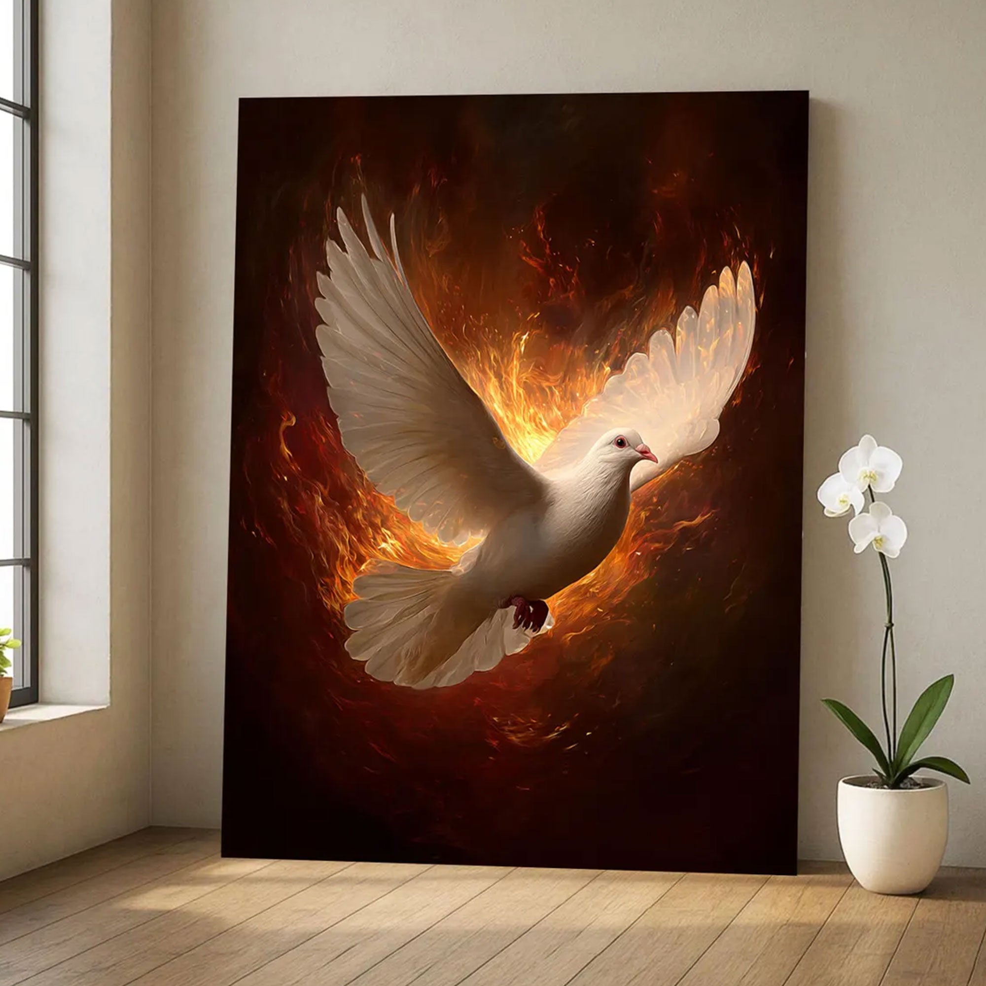 Holy Spirit Dove Fire Canvas Print, Pentecost Christian Wall Art, Divine Power Faith Decor, Sacred Religious Artwork