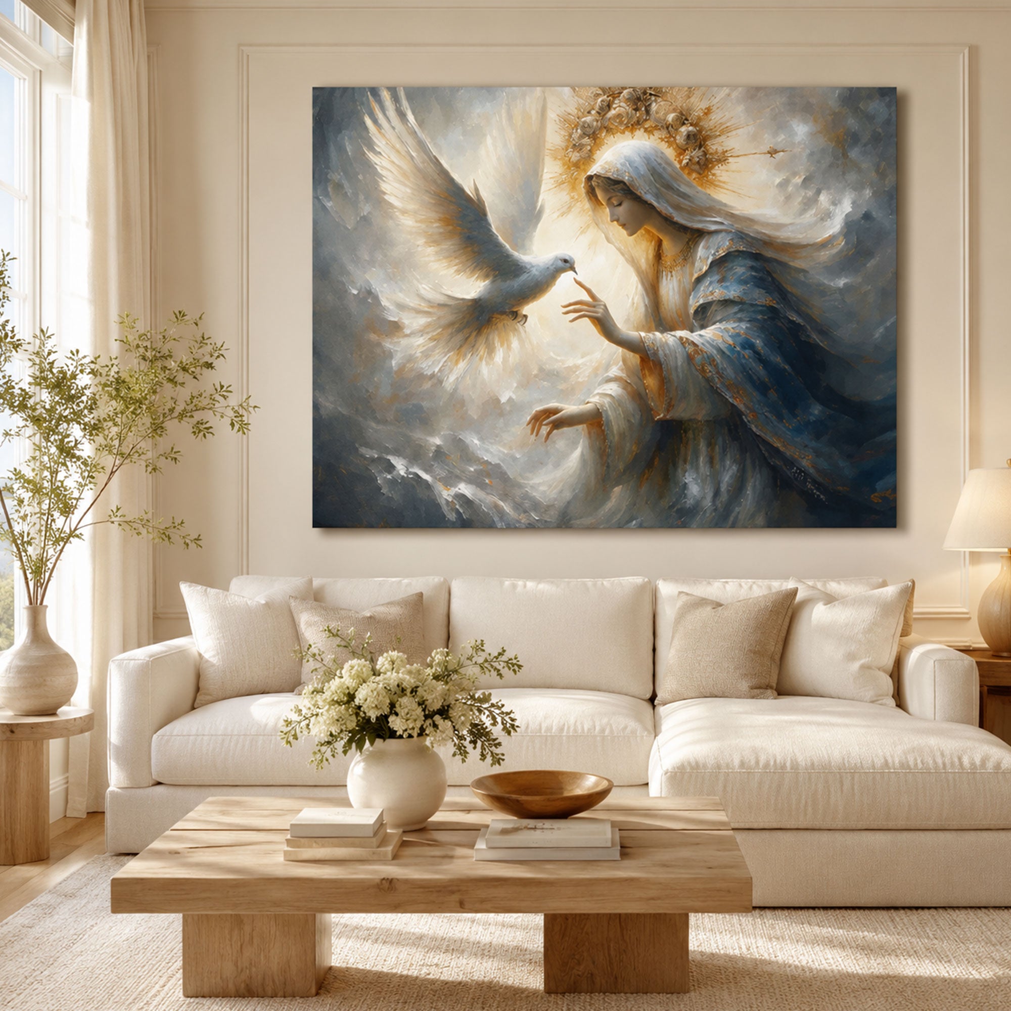 Virgin Mary and Holy Spirit Dove Canvas Art, Heavenly Christian Wall Decor, Divine Peace Religious Artwork