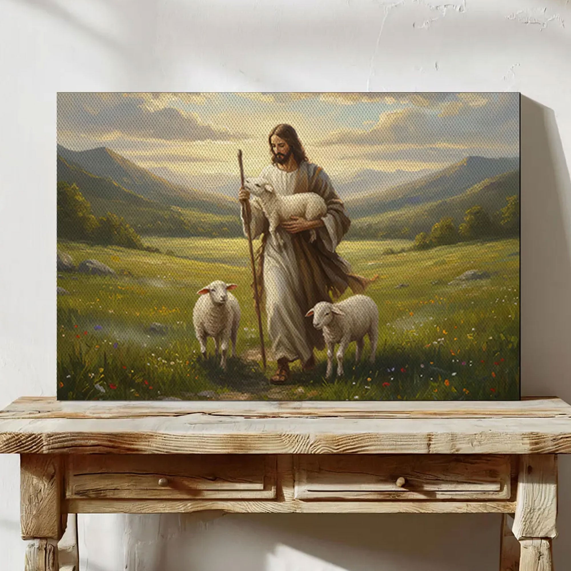 Jesus the Good Shepherd Canvas Print, Christian Faith Wall Art, Lamb of God Pastoral Scene, Spiritual Home Decor, Inspirational Gift