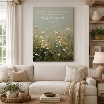 Psalm 23 Bible Verse Canvas Print, Soft Floral Field Christian Wall Art, Minimalist Scripture Home Decor Gift