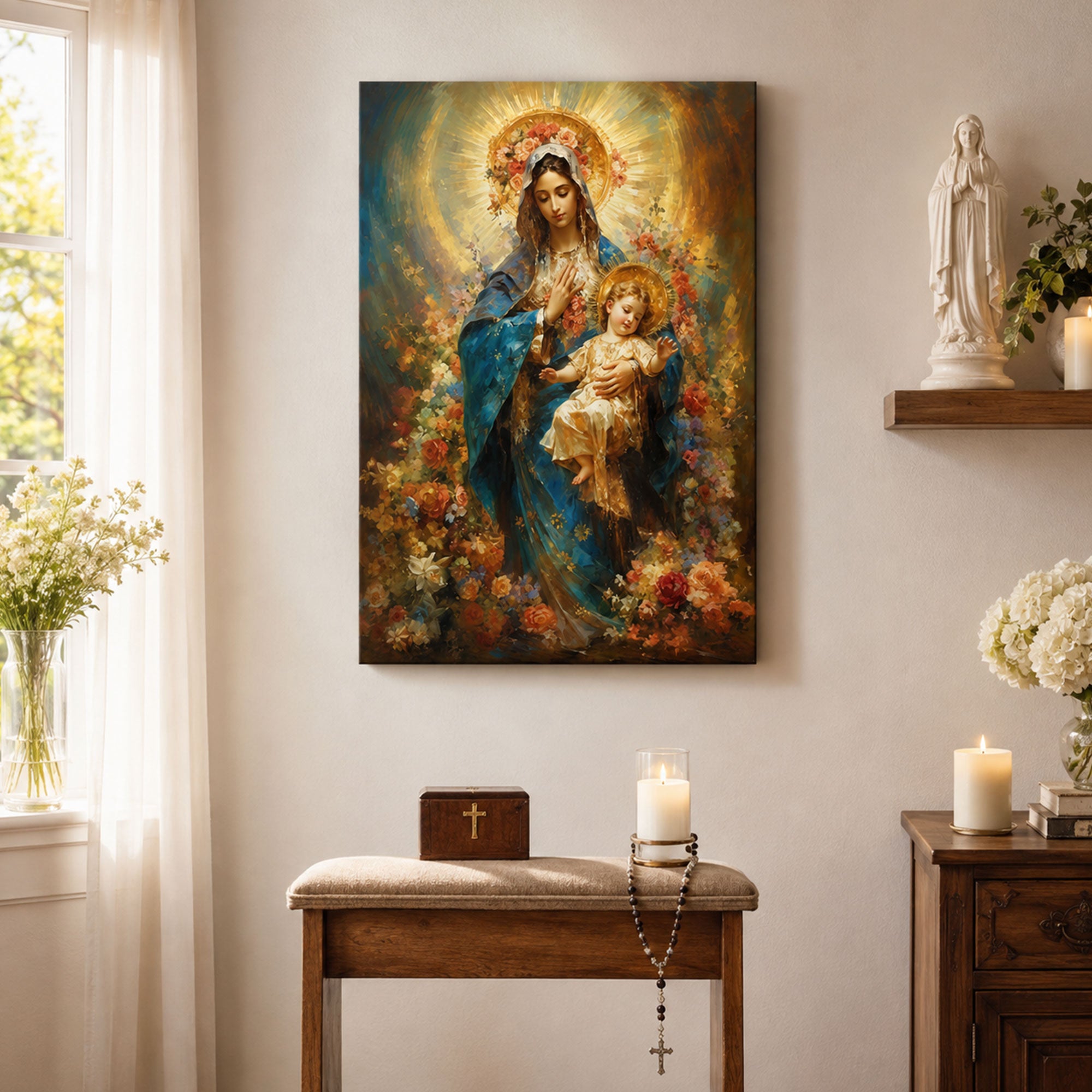 Blessed Virgin Mary with Baby Jesus Canvas Print, Catholic Home Decor, Religious Gift