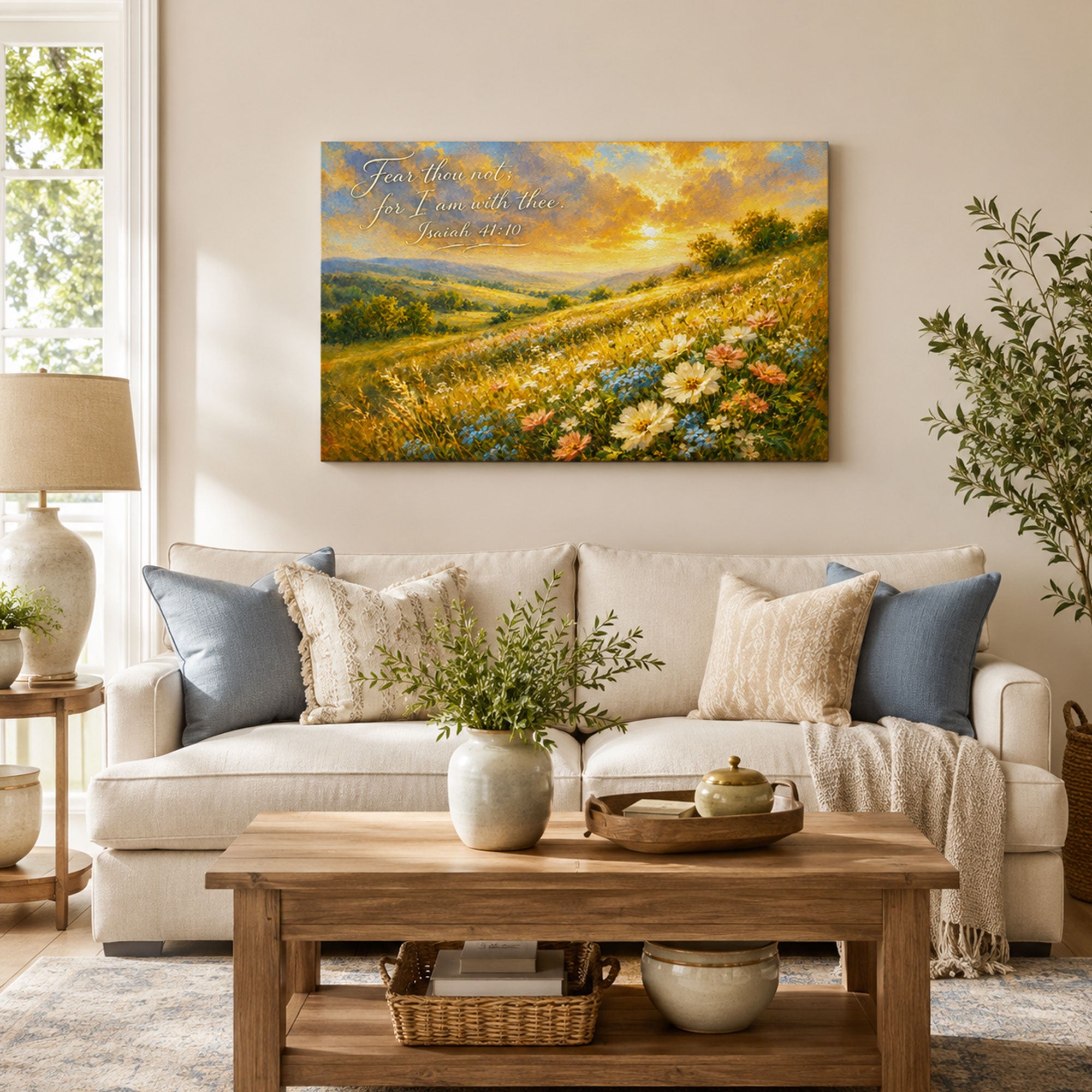 Fear Thou Not Isaiah 41:10 Canvas Print, Peaceful Wildflower Christian Decor