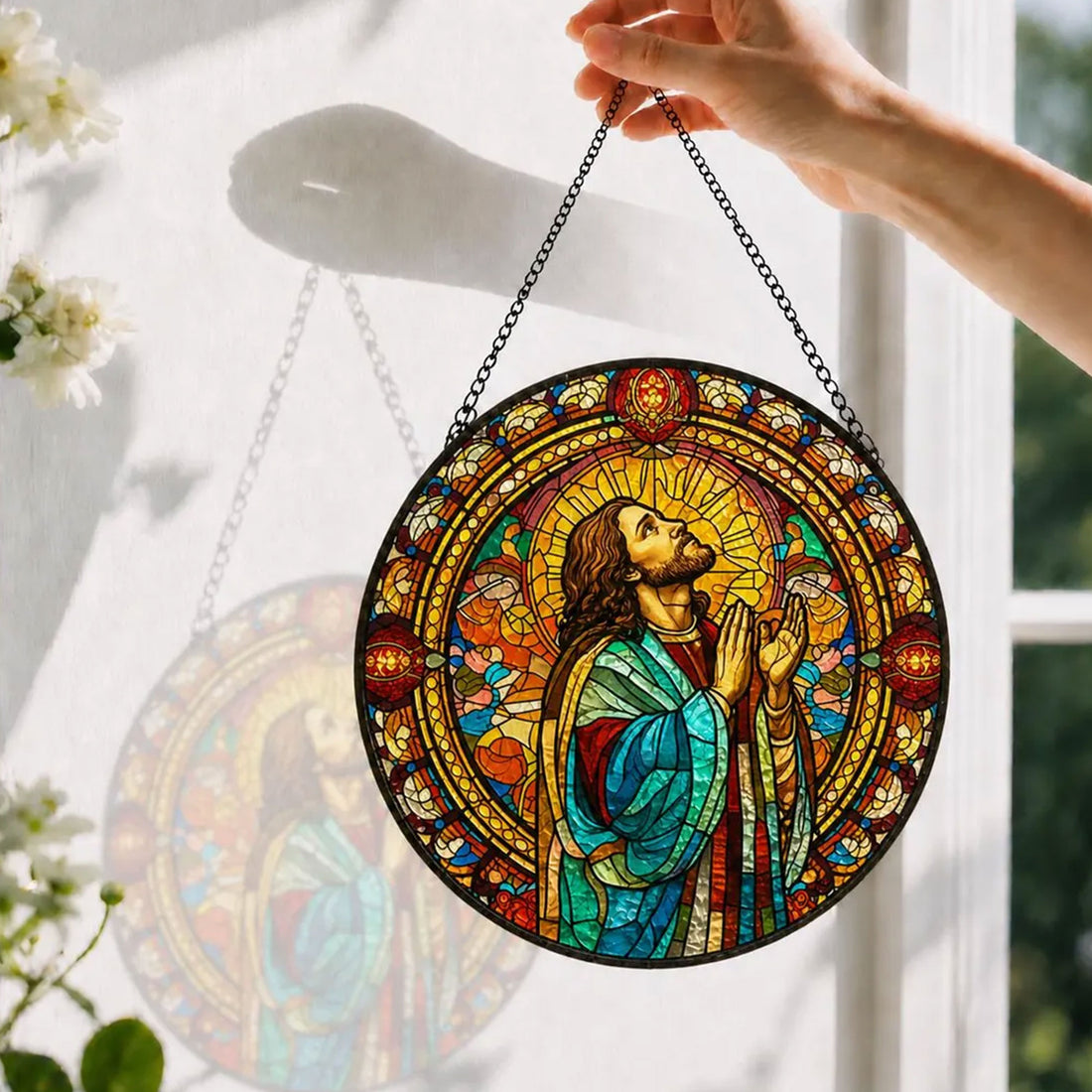 Jesus Praying Stained Glass Suncatcher, Christian Window Hanging, Religious Home Decor Gift