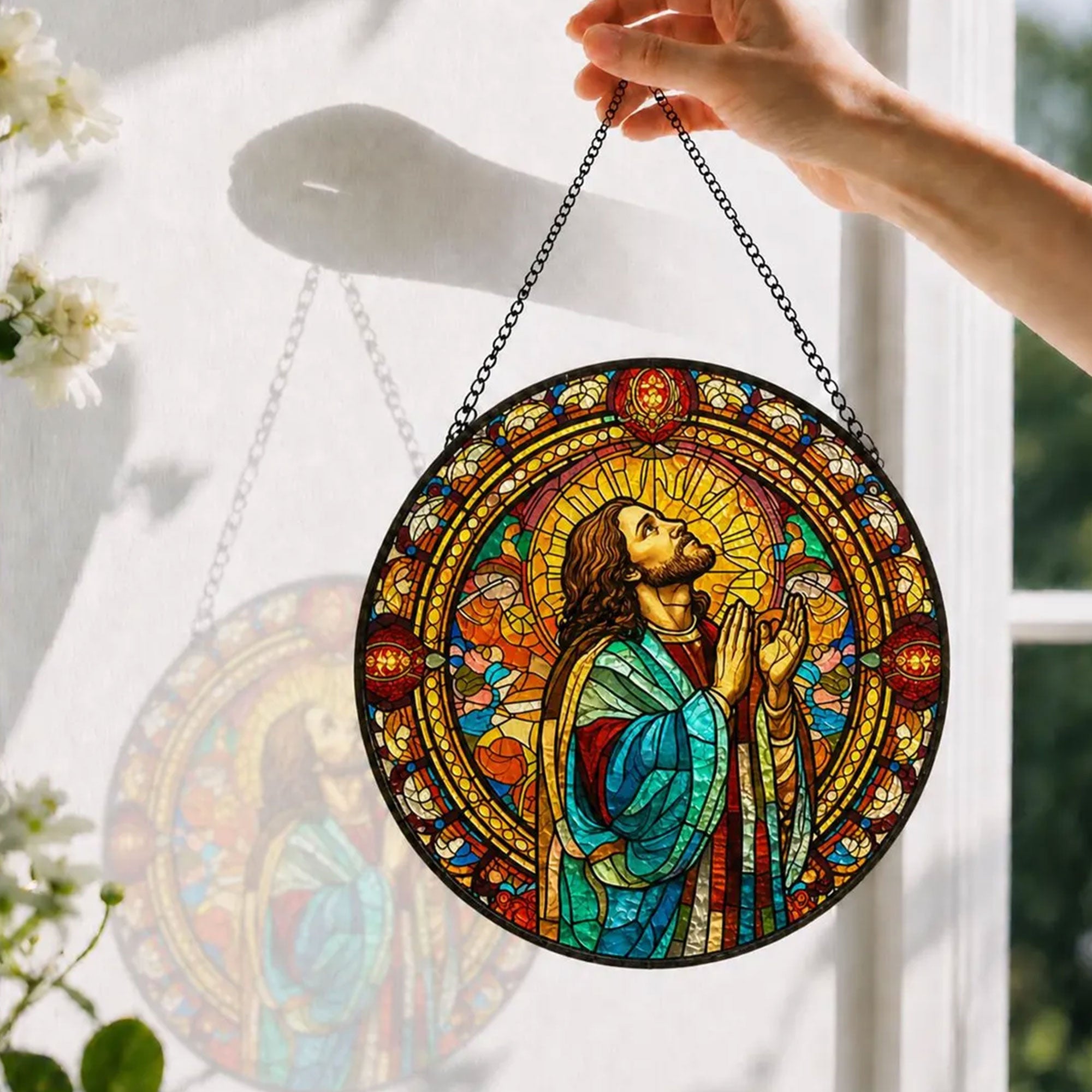 Jesus Praying Stained Glass Suncatcher, Christian Window Hanging, Religious Home Decor Gift