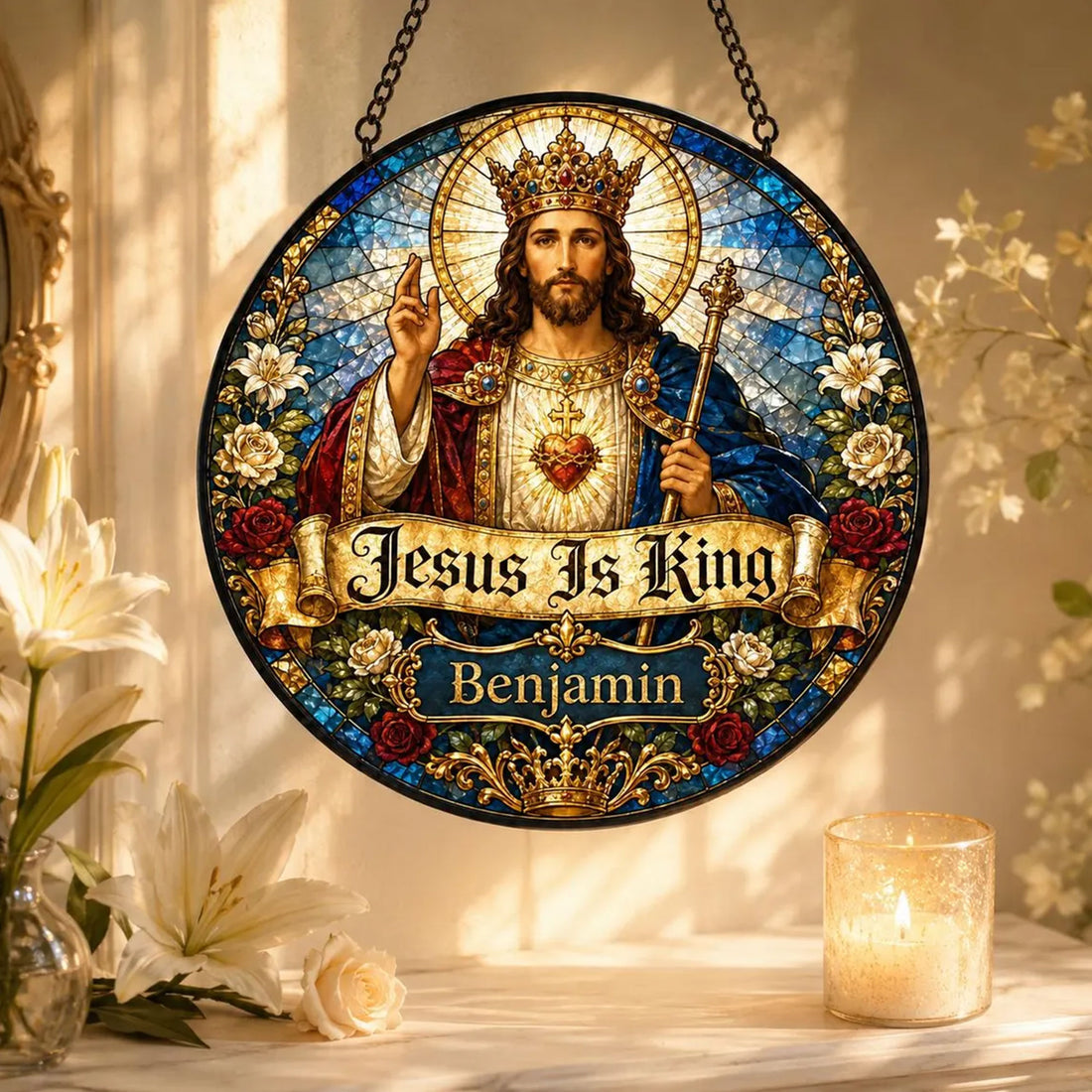 Personalized Jesus Is King Suncatcher, Custom Name Sacred Heart Window Hanging, Catholic Gift