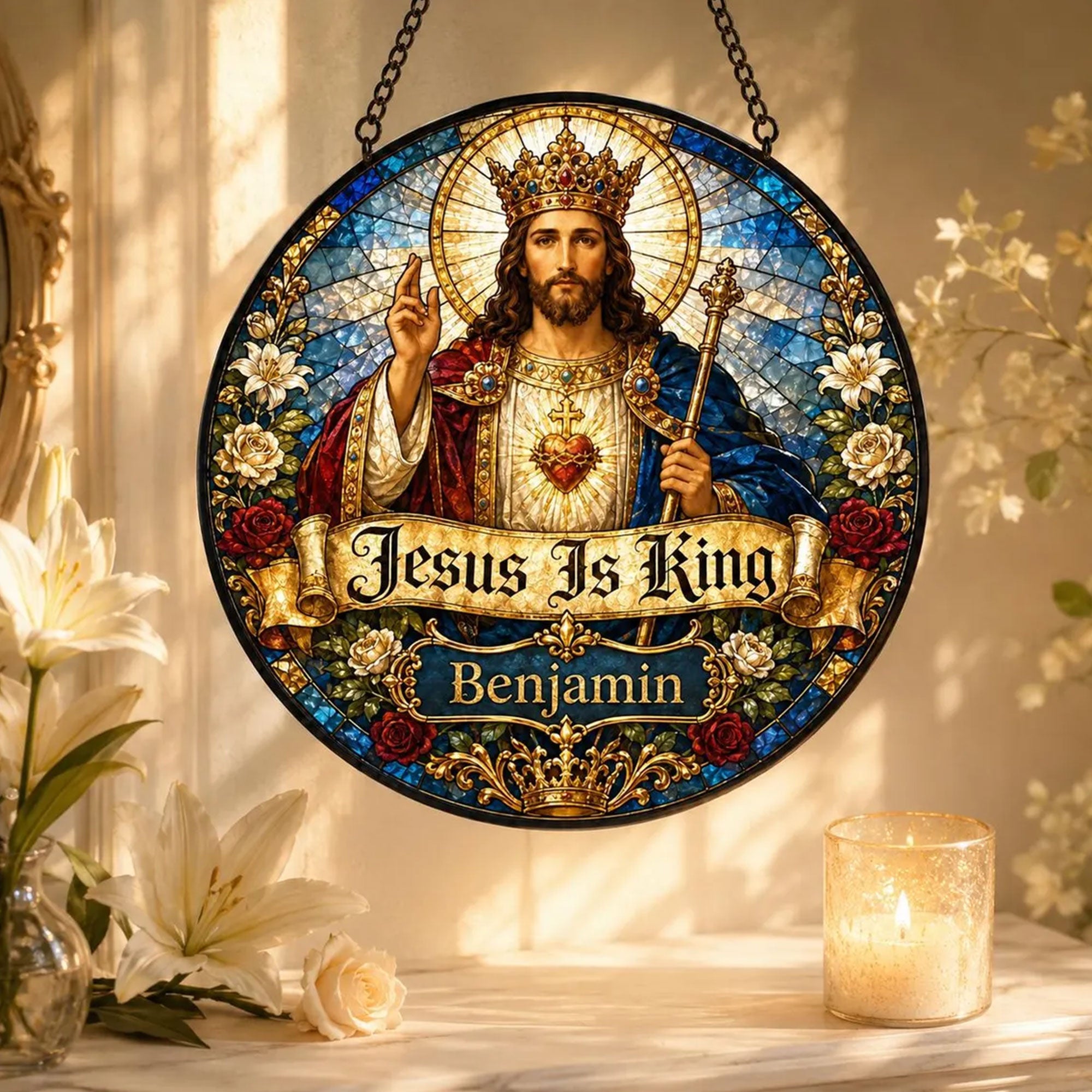 Personalized Jesus Is King Suncatcher, Custom Name Sacred Heart Window Hanging, Catholic Gift