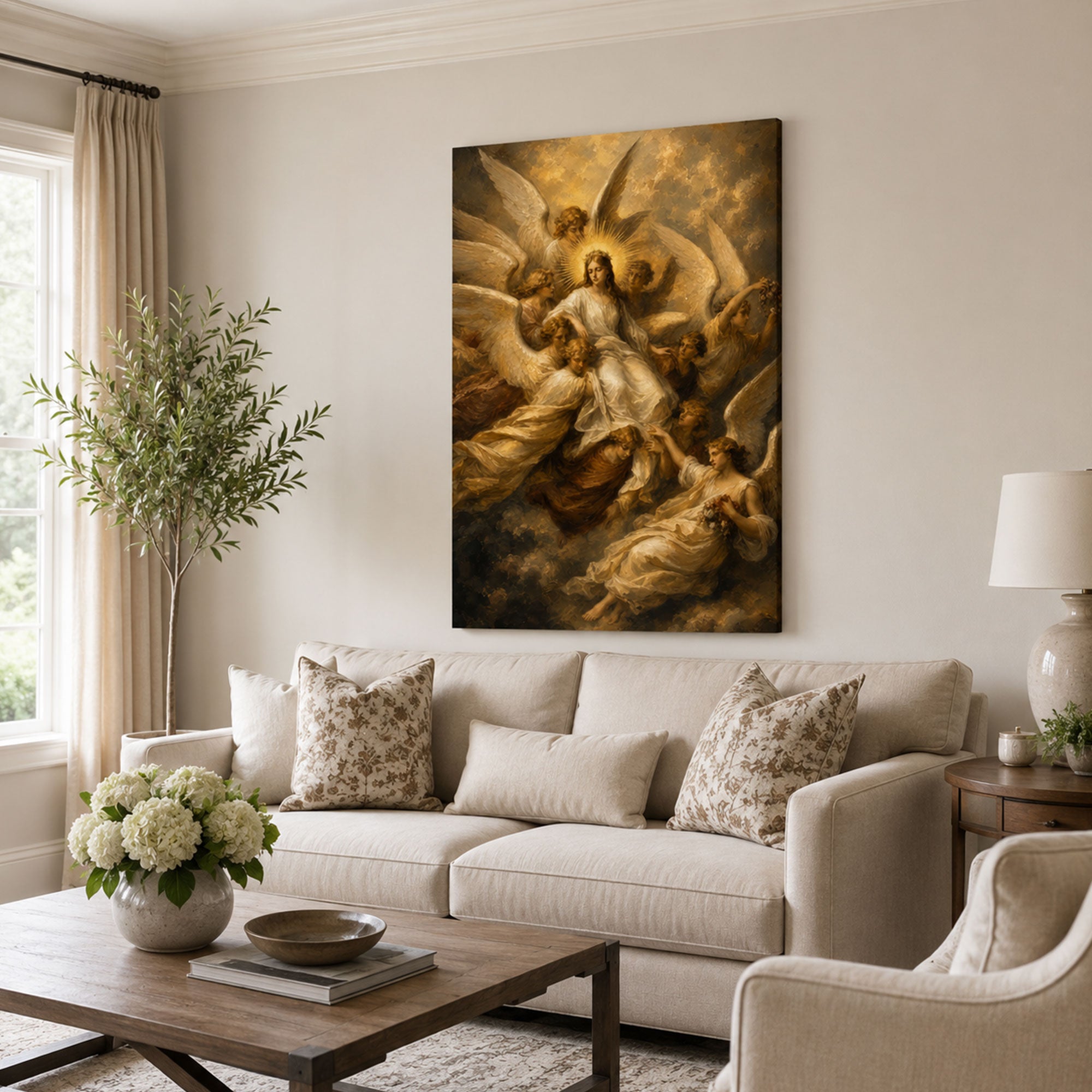 Virgin Mary Surrounded by Angels Canvas Print, Catholic Home Decor