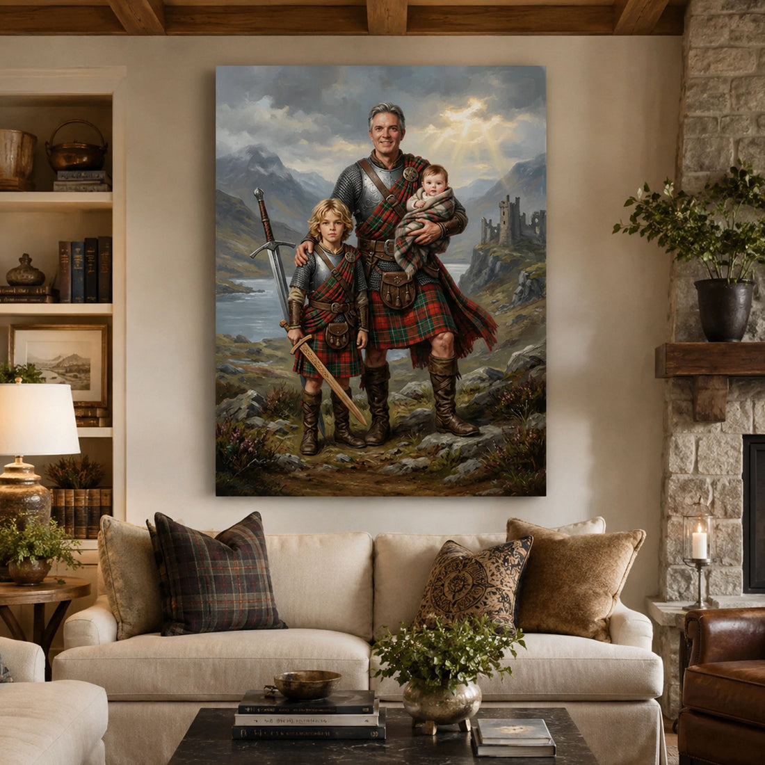 Personalized Highland Warrior Family Canvas Print, Custom Dad and Kids Scottish Portrait Wall Art