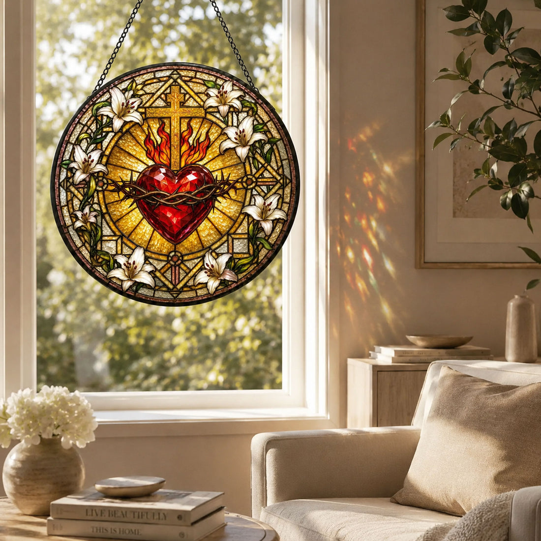 Sacred Heart of Jesus Suncatcher, Crown of Thorns and Lilies Catholic Window Decor, Faith Gift