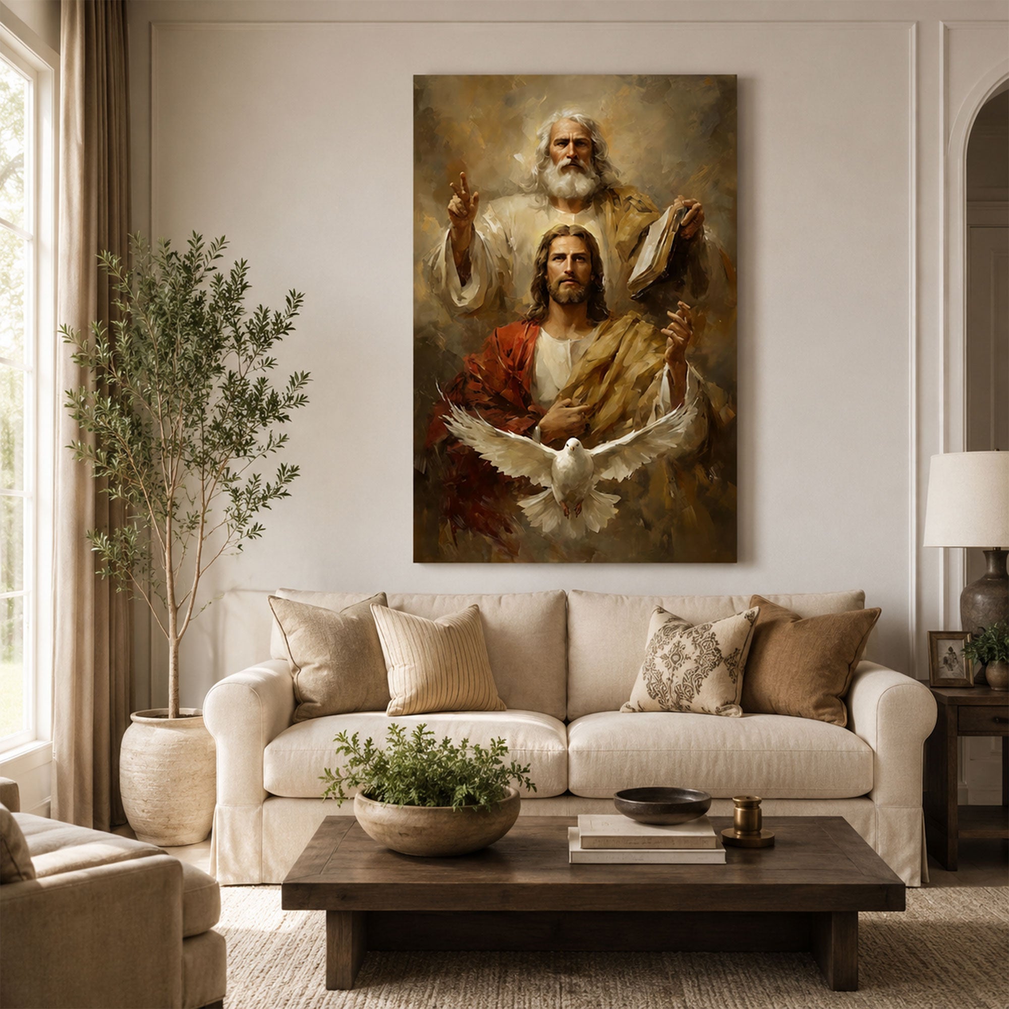 Holy Trinity Wall Art, God The Father Jesus Christ Holy Spirit Dove Canvas Print, Christian Faith Decor
