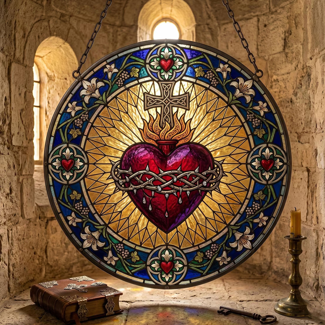 Sacred Heart Stained Glass Suncatcher, Catholic Window Hanging, First Communion Gift