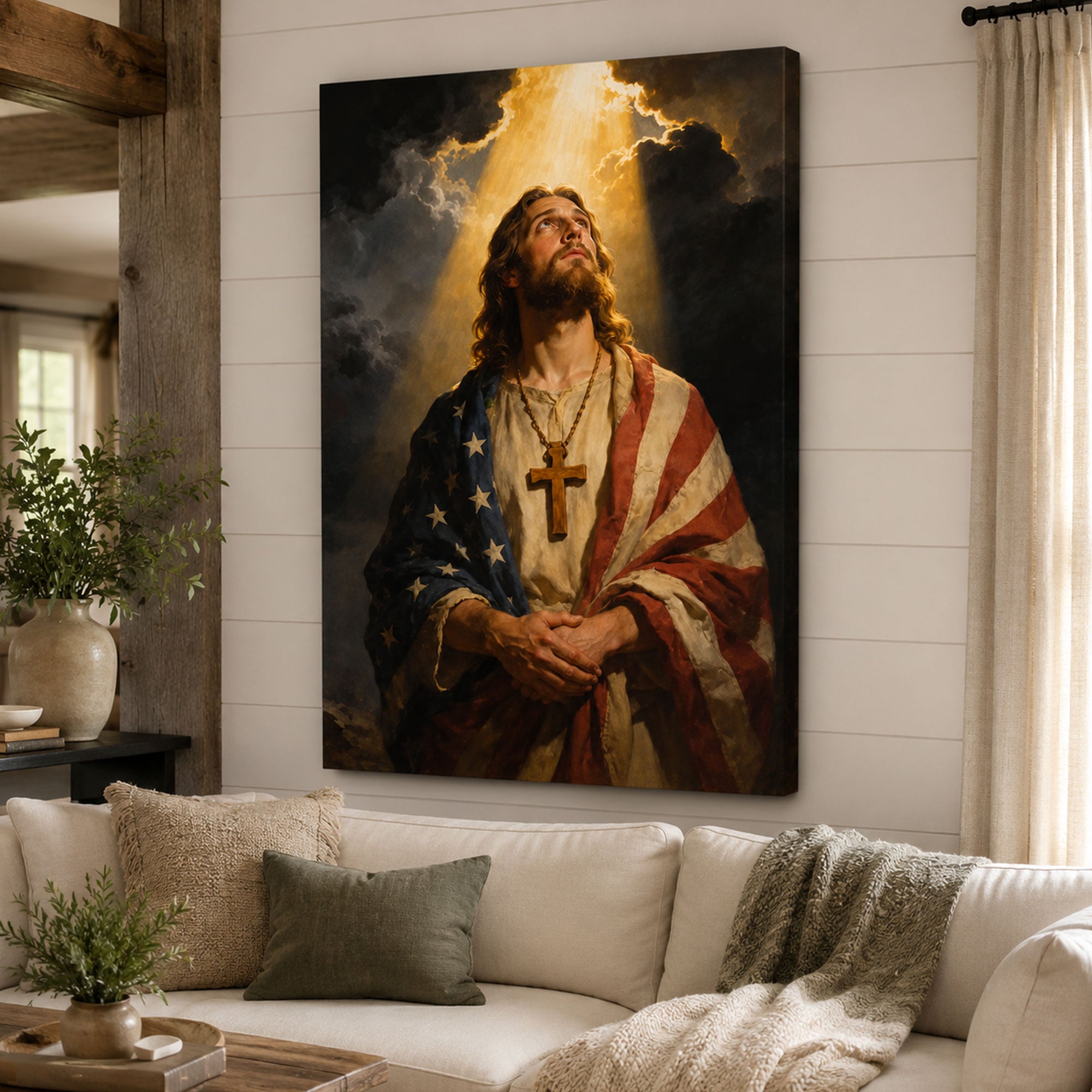 Patriotic Jesus Christ Canvas Print, American Flag Christian Wall Art, USA Faith Home Decor