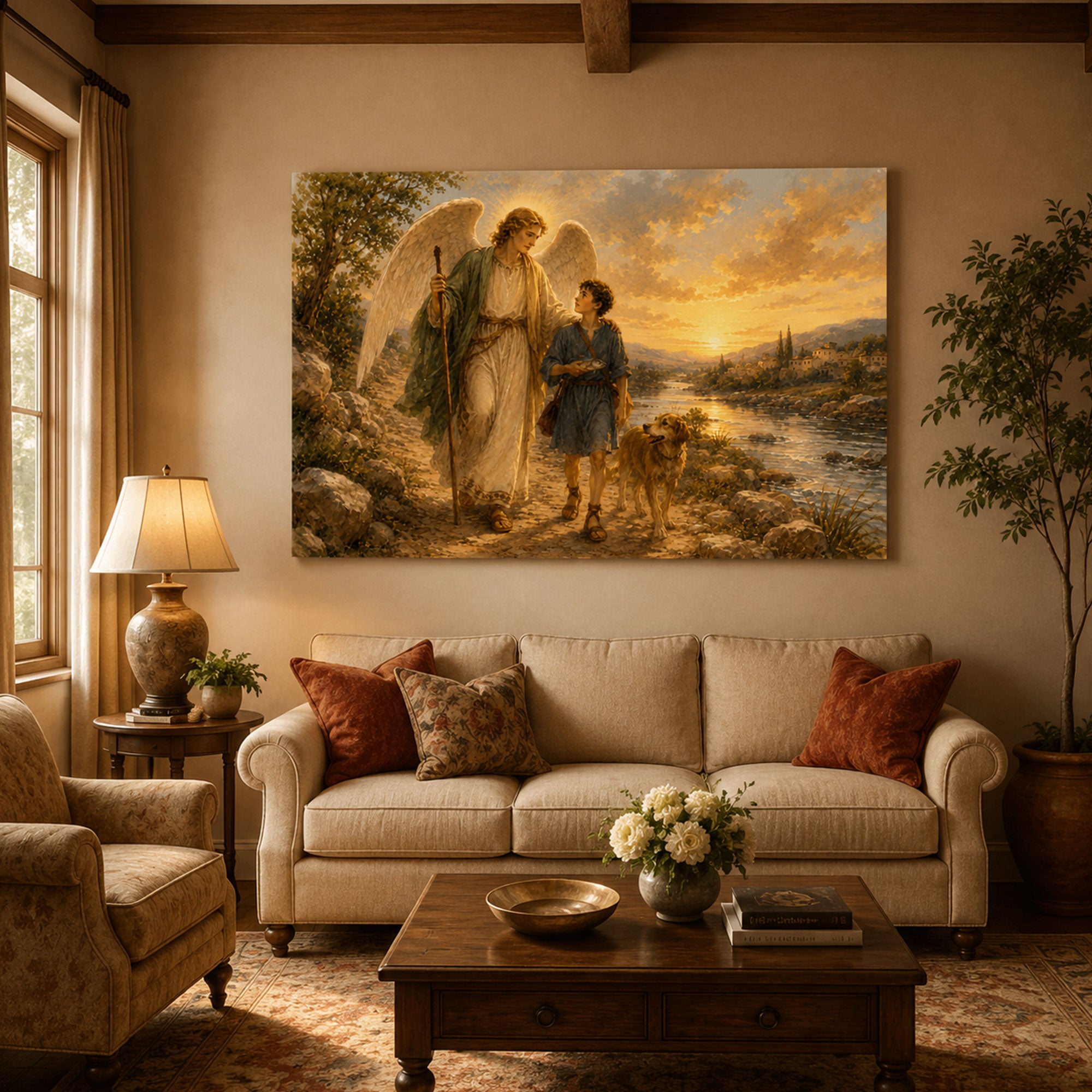 Guardian Angel with Child Canvas Print, Christian Angel Wall Art, Faith Home Decor Gift