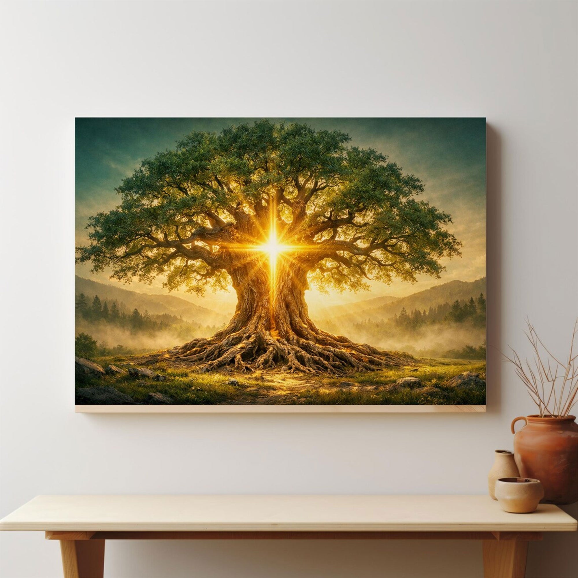 Tree of Life Cross Light Canvas Wall Art, Christian Faith Symbol, Nature Scene Spiritual Home Decor