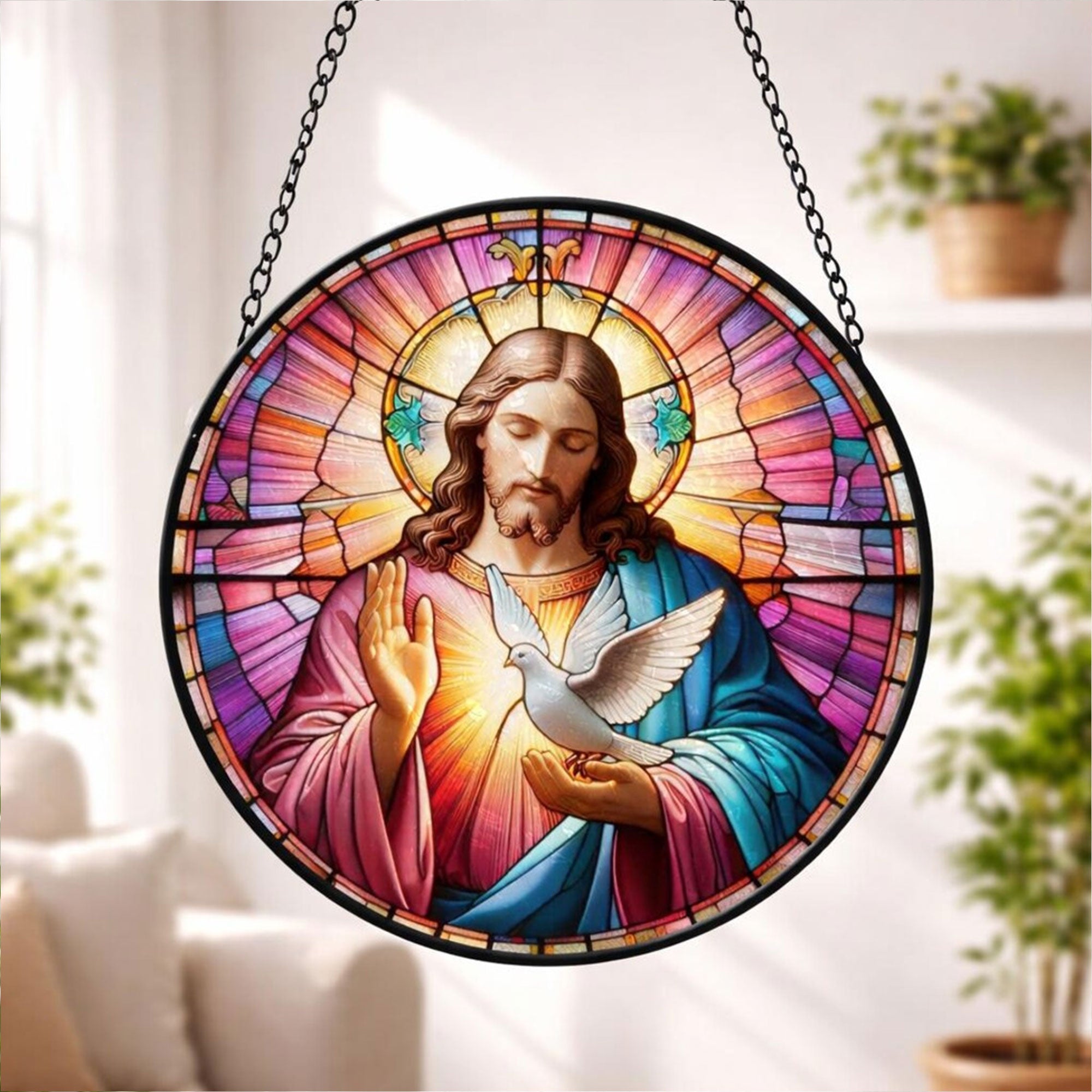 Jesus and Dove Stained Glass Suncatcher, Christian Window Hanging Decor, Holy Spirit Faith Gift, Religious Home Ornament