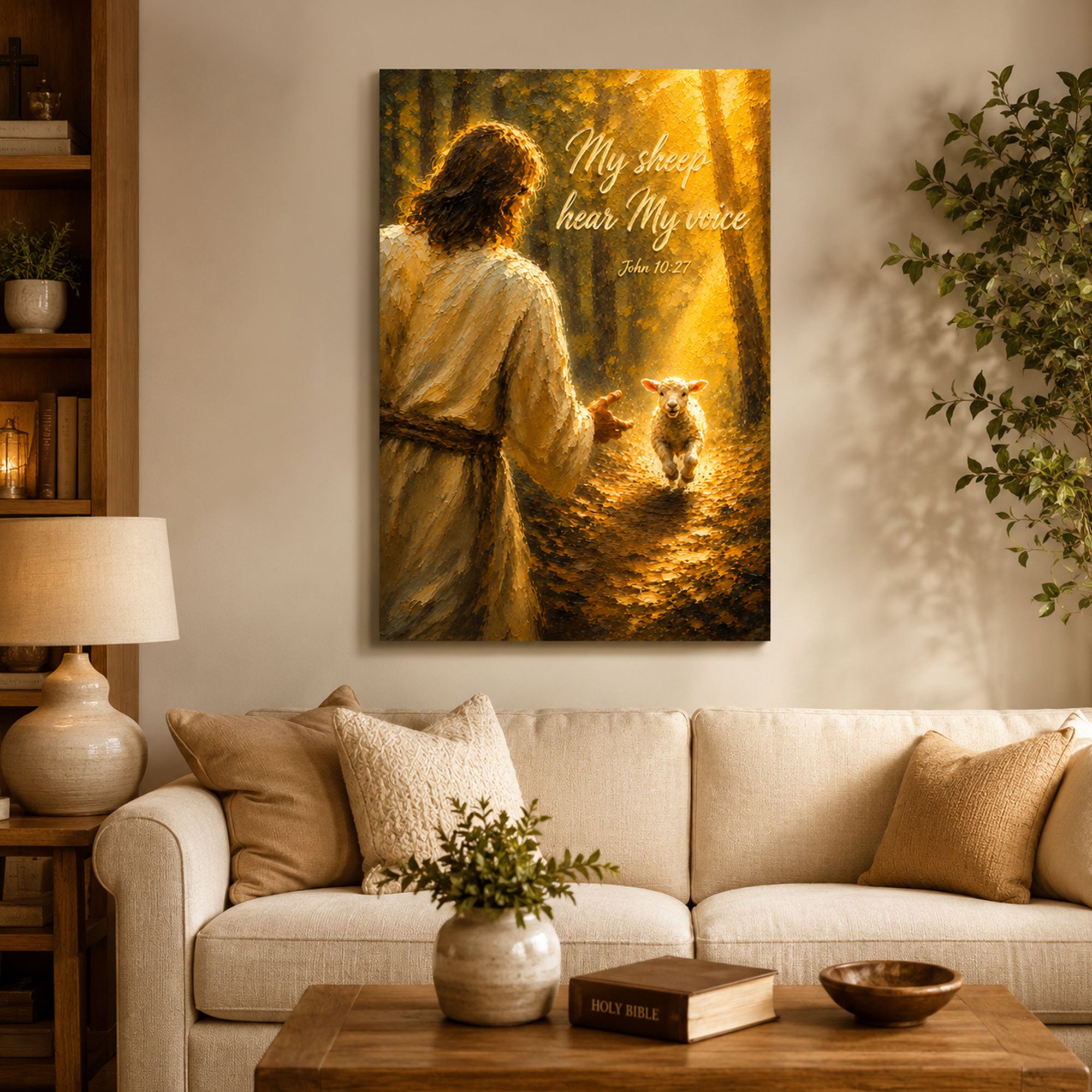 My Sheep Hear My Voice Canvas Print, Jesus and Lamb John 10:27 Christian Wall Art for Home Decor