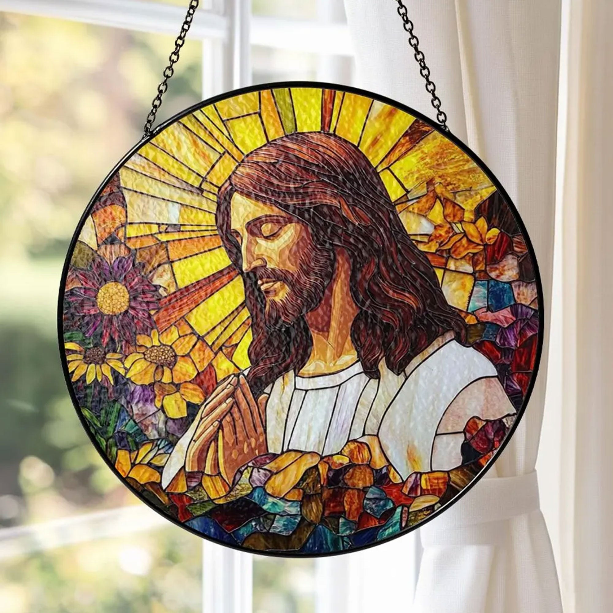 Jesus Stained Glass Suncatcher, Christian Window Hanging Decor, Floral Faith Gift, Religious Home Ornament