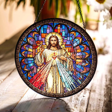 Divine Mercy Jesus Stained Glass Suncatcher, Catholic Window Hanging Decor, Sacred Heart Christian Faith Gift